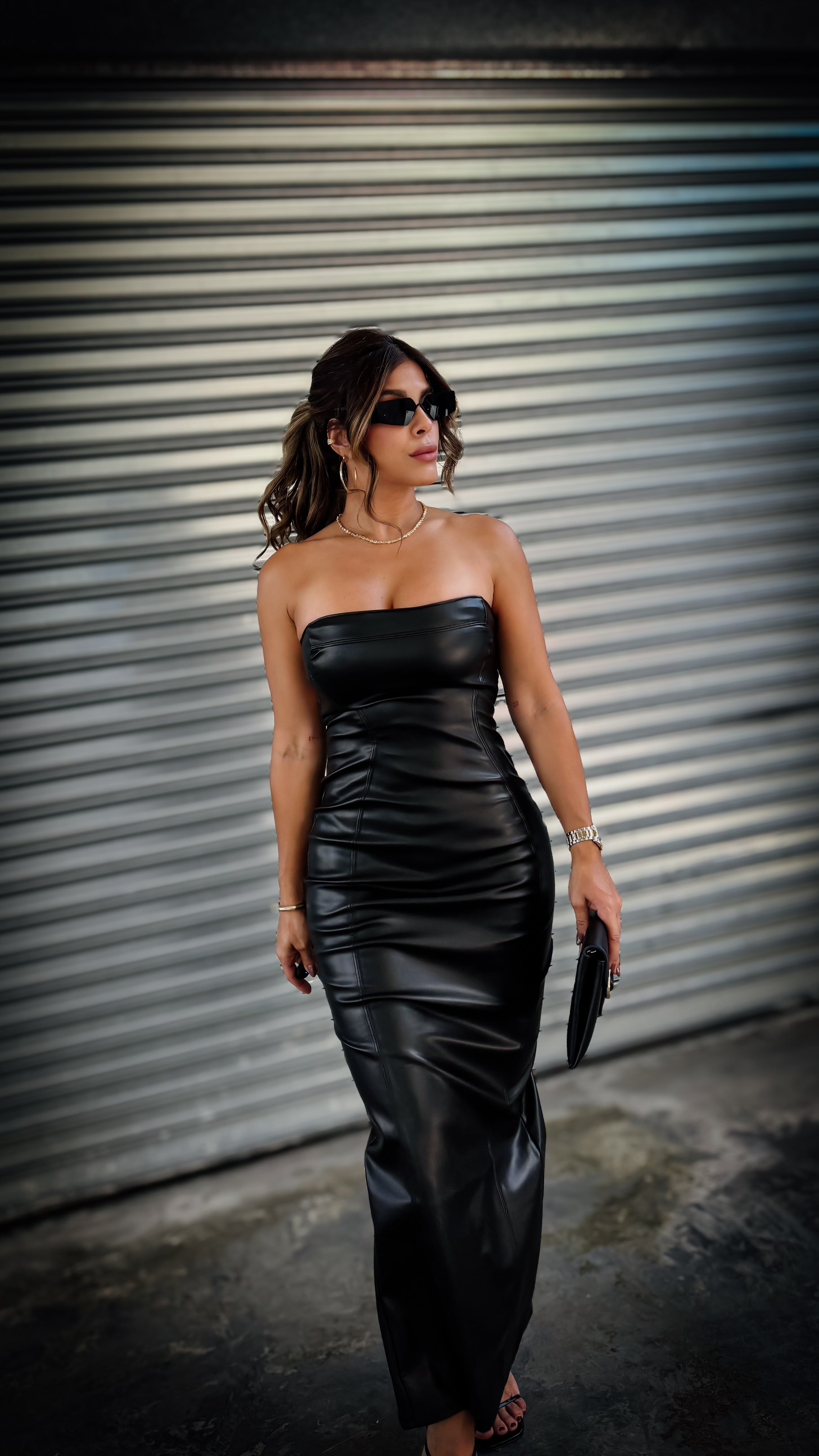 “MARGOT” CUTOUT FAUX LEATHER MAXI DRESS