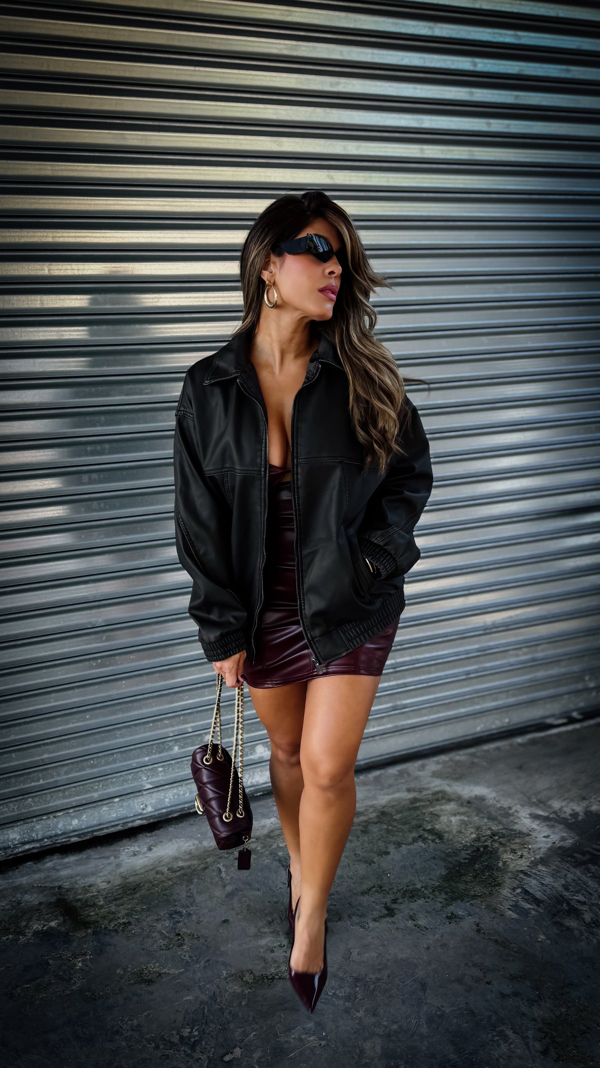 “GIO” BOXY FAUX LEATHER BOMBER JACKET