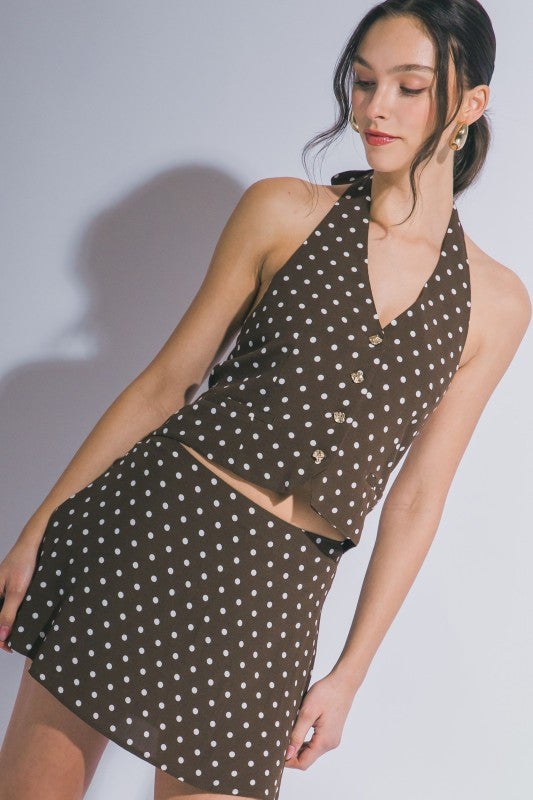 “DAPHNE” POLKA DOT HALTER VEST TOP AND MINI SKORT SET