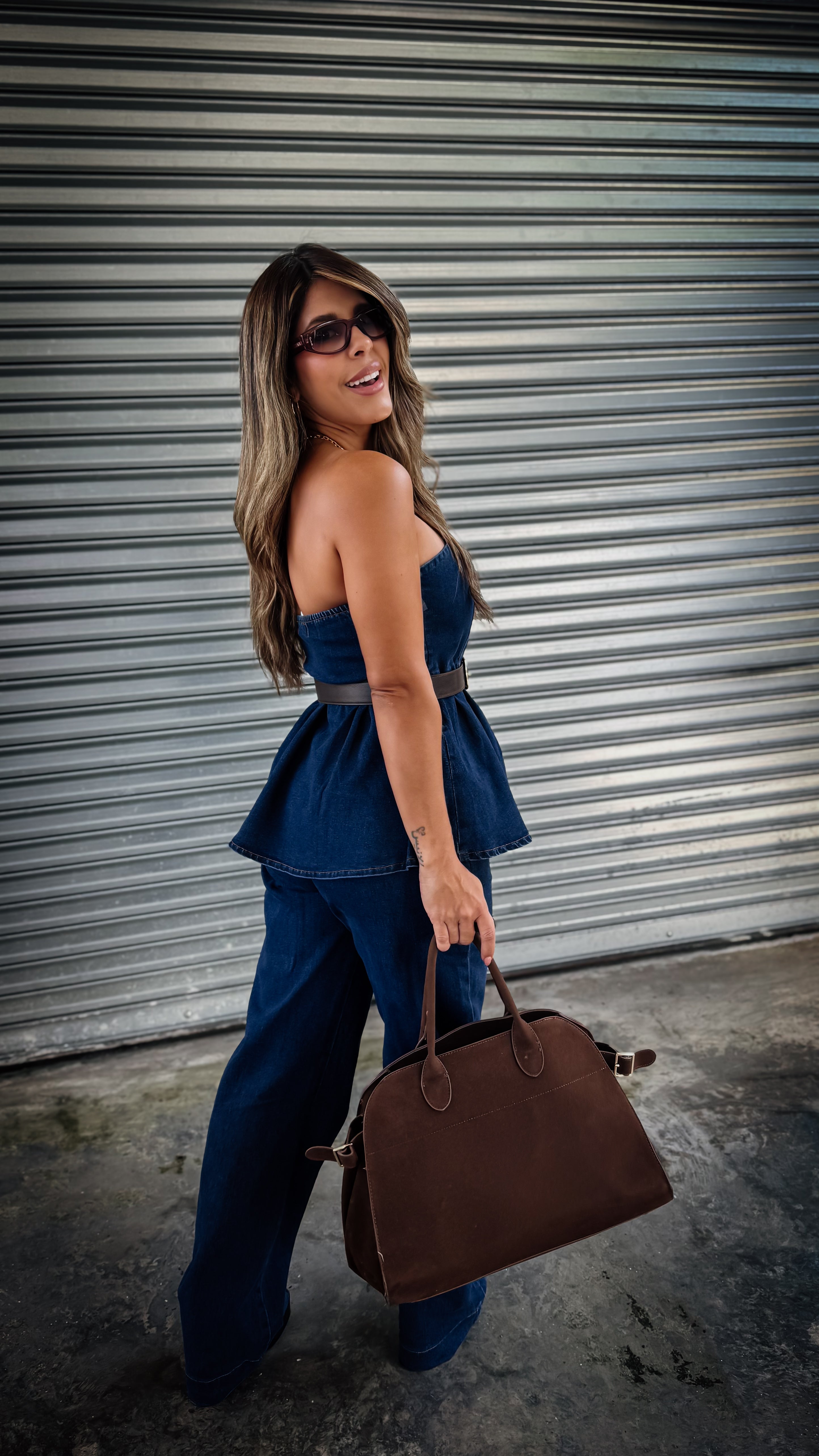 “SOFIA” STRAPLESS PEPLUM DENIM TOP AND PANT SET