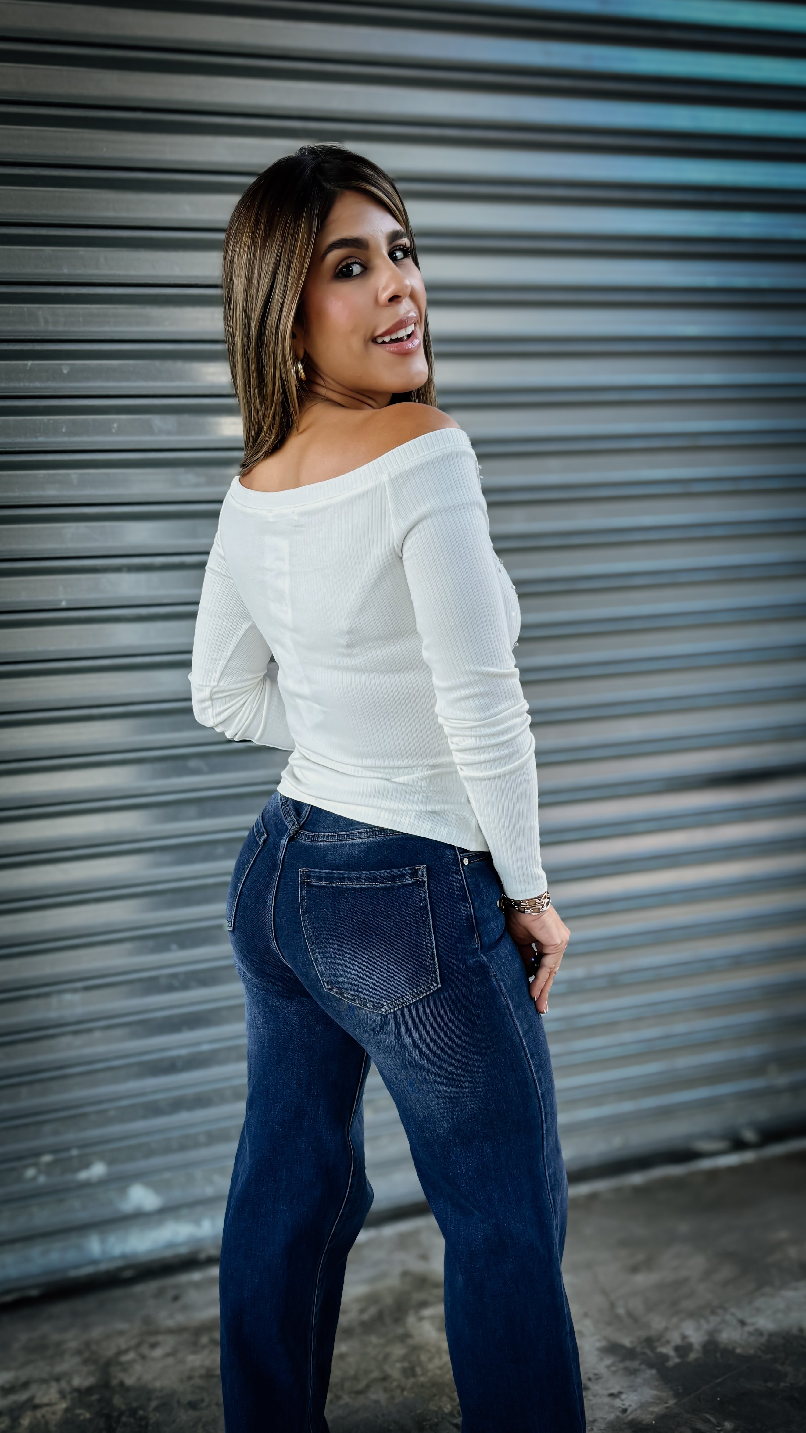 “VIXY” OFF SHOULDER SEQUIN DETAIL LONG SLEEVE TOP