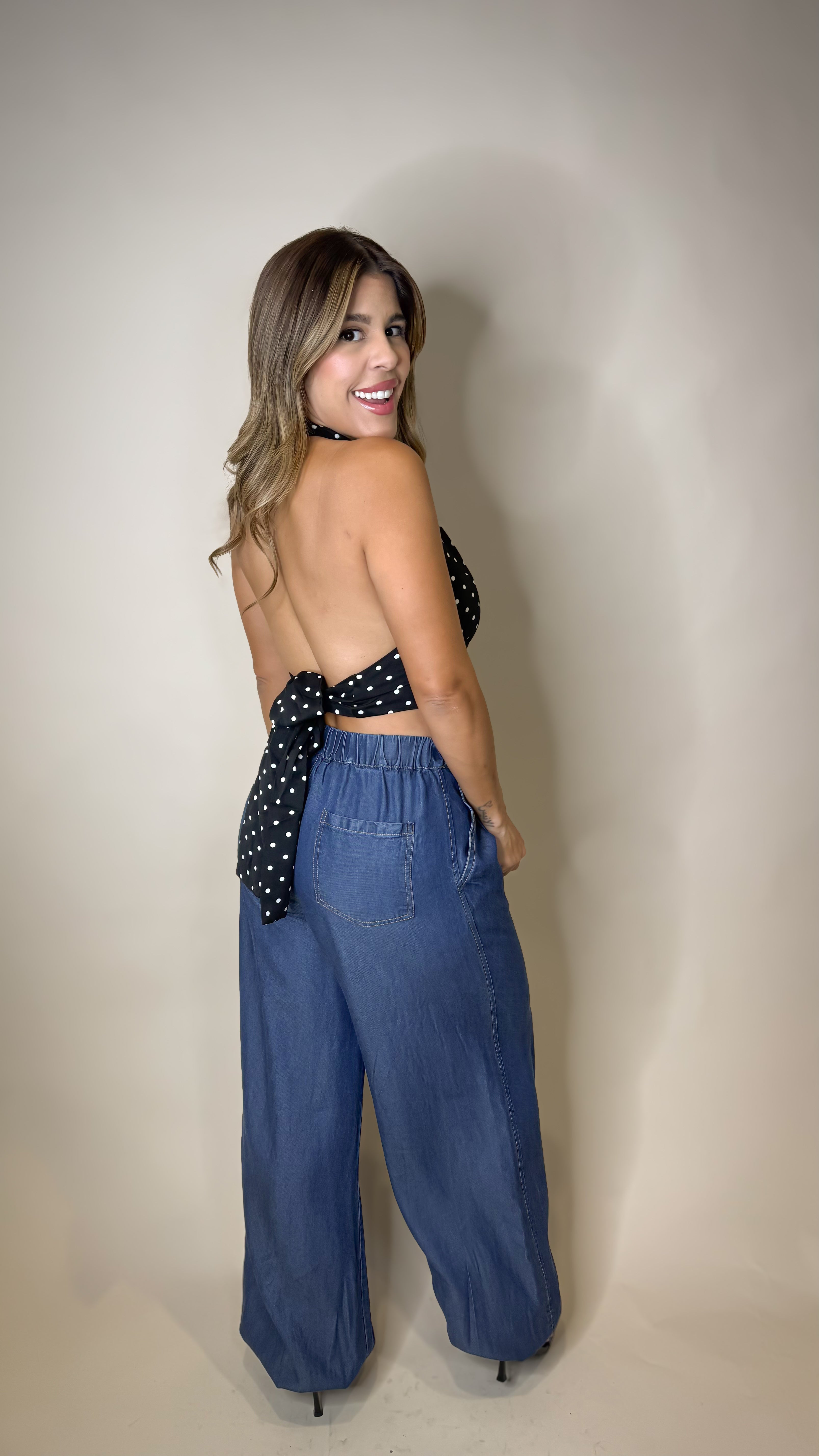 “MADRID” POLKA DOT HALTER TIE TOP