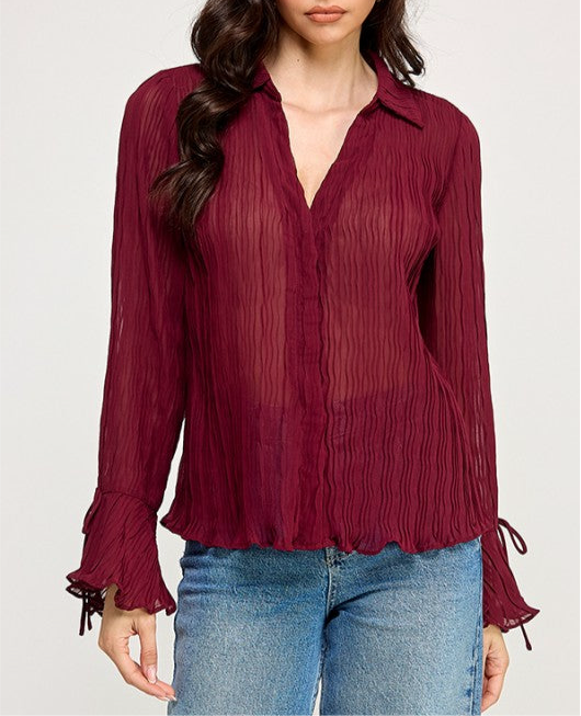 “LIANE” BUTTON DOWN SHEER TEXTURED TOP
