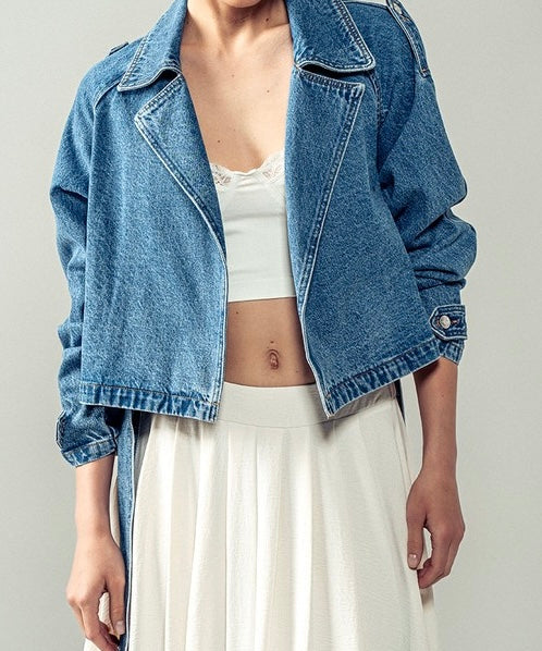 “TAMPA BAY” DENIM CROPPED TRENCH COAT