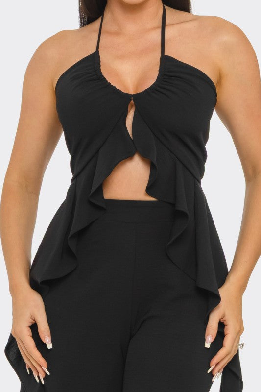 “SORAYA” FRONT RUFFLE TIE TOP AND PANT SET