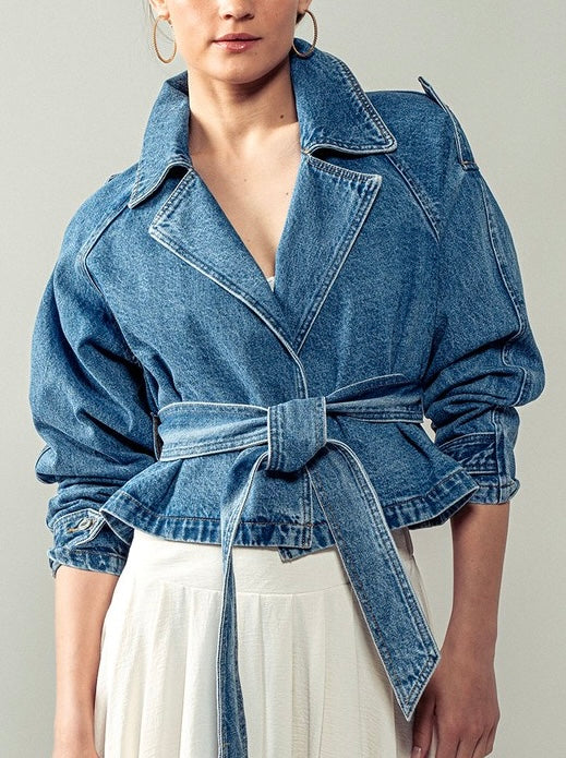 “TAMPA BAY” DENIM CROPPED TRENCH COAT