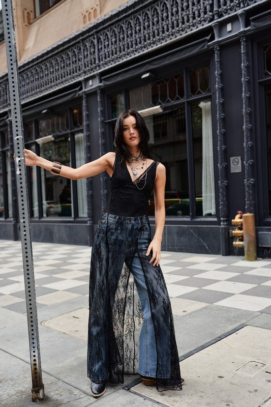 “LEAH” VNECK BODYSUIT WITH SHEER LACE MAXI DRESS