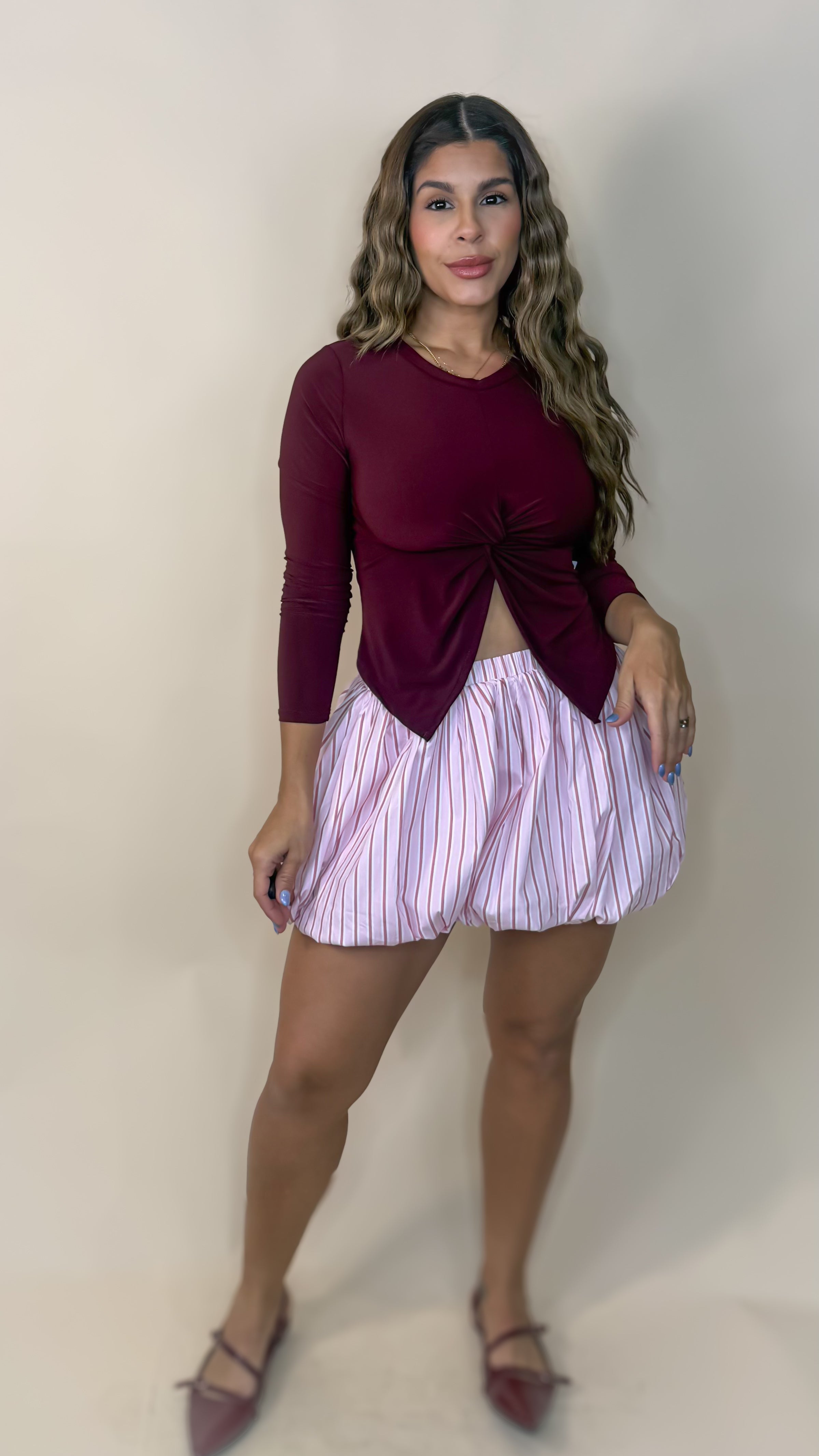 “BINNIE” POPLIN PINSTRIPED BUBBLE MINI SKIRT