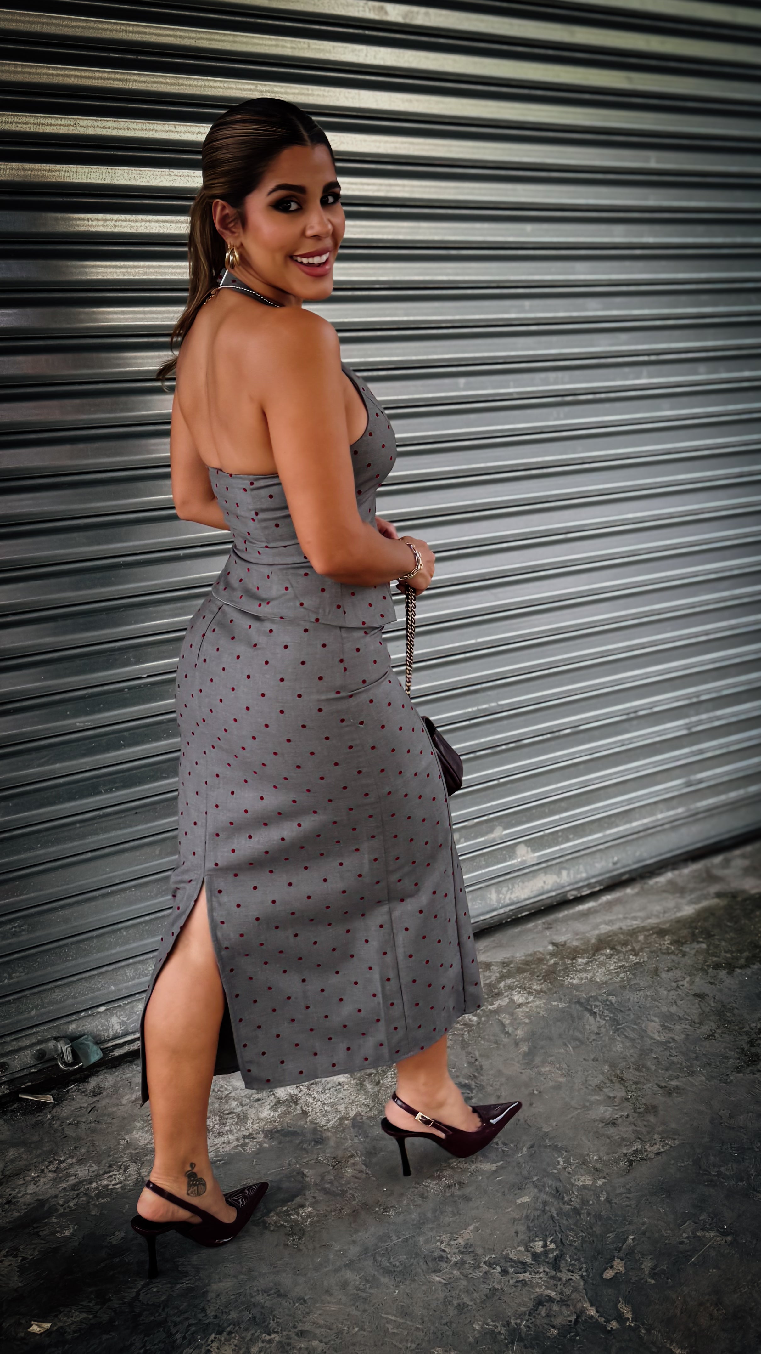 “ELENA” POLKA DOT HALTER NECK TOP WITH MIDI SKIRT