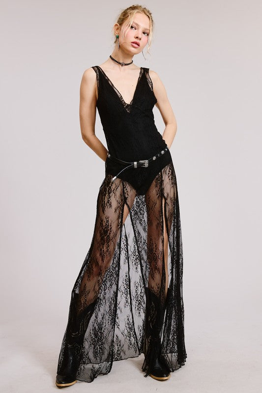“LEAH” VNECK BODYSUIT WITH SHEER LACE MAXI DRESS