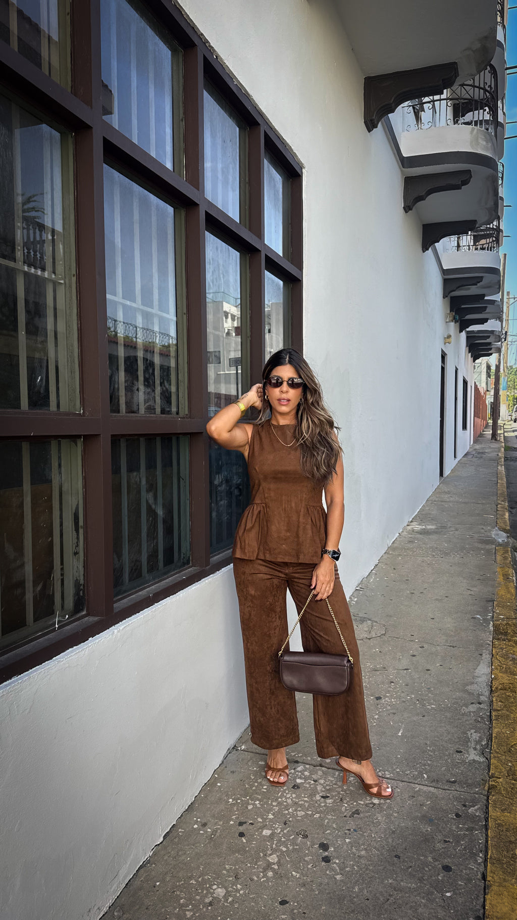 “VIVIANNE” FAUX SUEDE HIGH WAIST CROPPED PANTS AND SLEEVELESS PEPLUM TOP SET