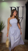 “MARINA” ASYMMETRICAL STRIPED MIDI DRESS