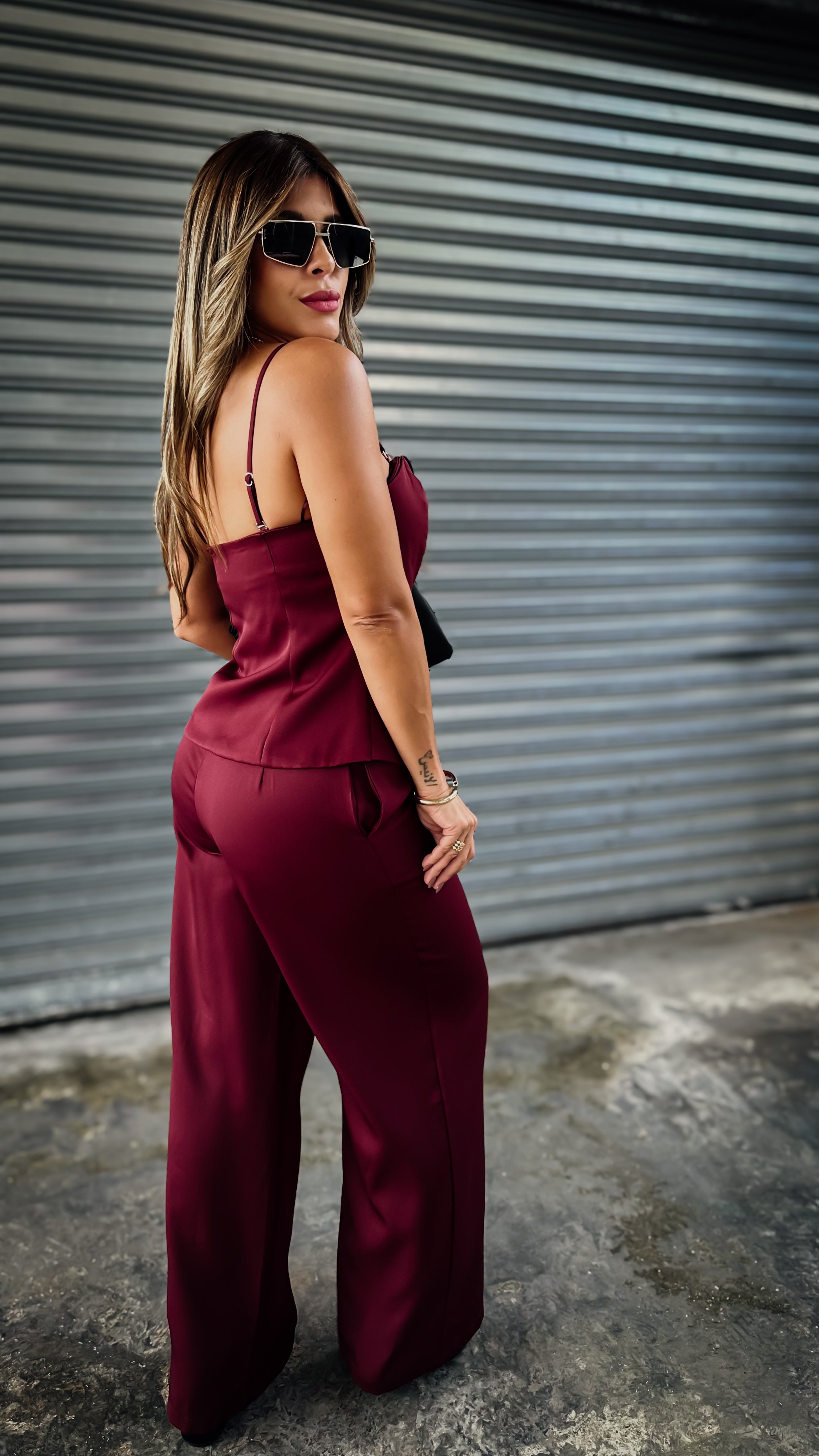 “AMELIA” VEST TOP AND WIDE LEG PANT SET WINE