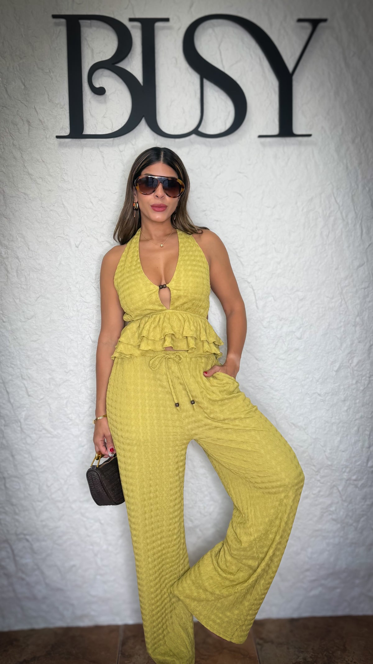 “NORA” RUFFLE HALTER TOP AND PANT SET WITH BEAD DETAIL