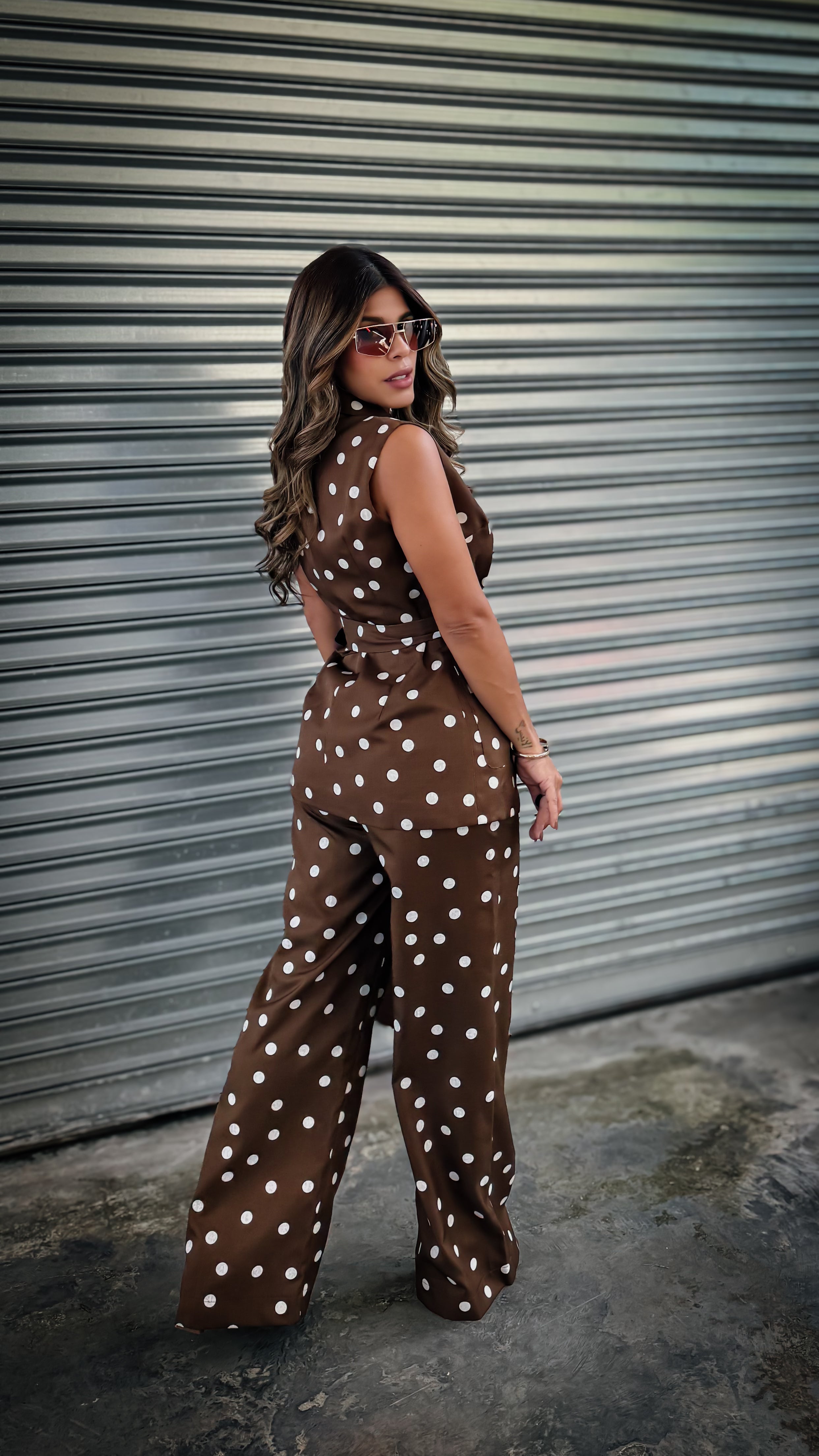 “ELIZA” POLKA DOT BELTED VEST AND PANT SET