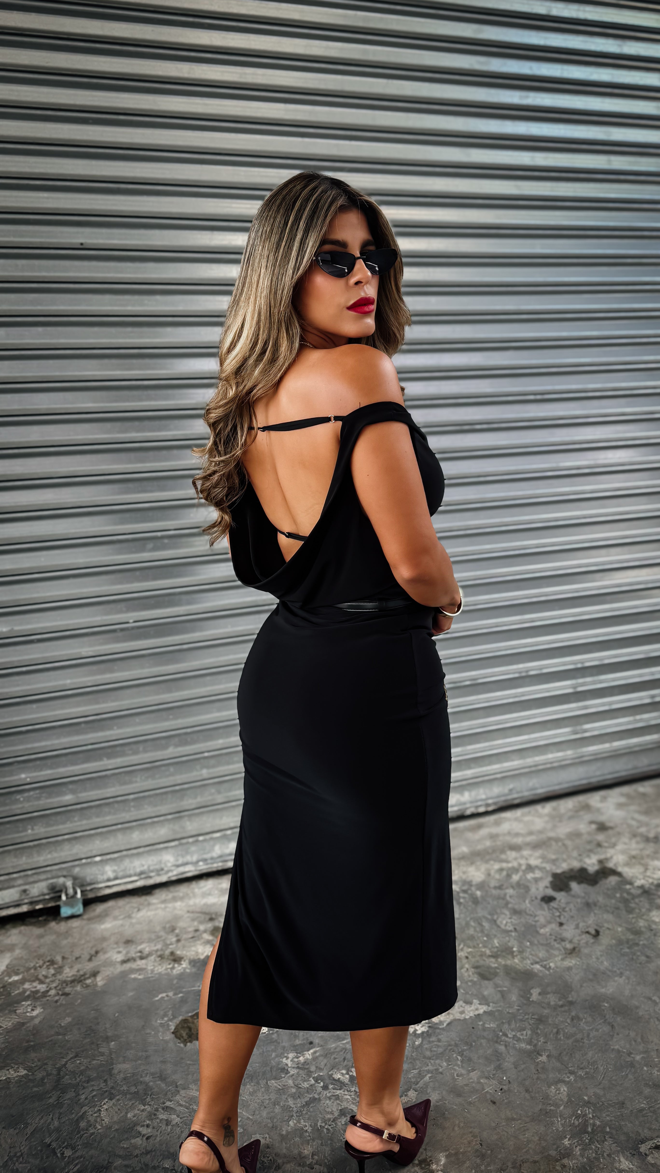 “COMMITTED” OFF SHOULDER/ COWL NECK MIDI DRESS