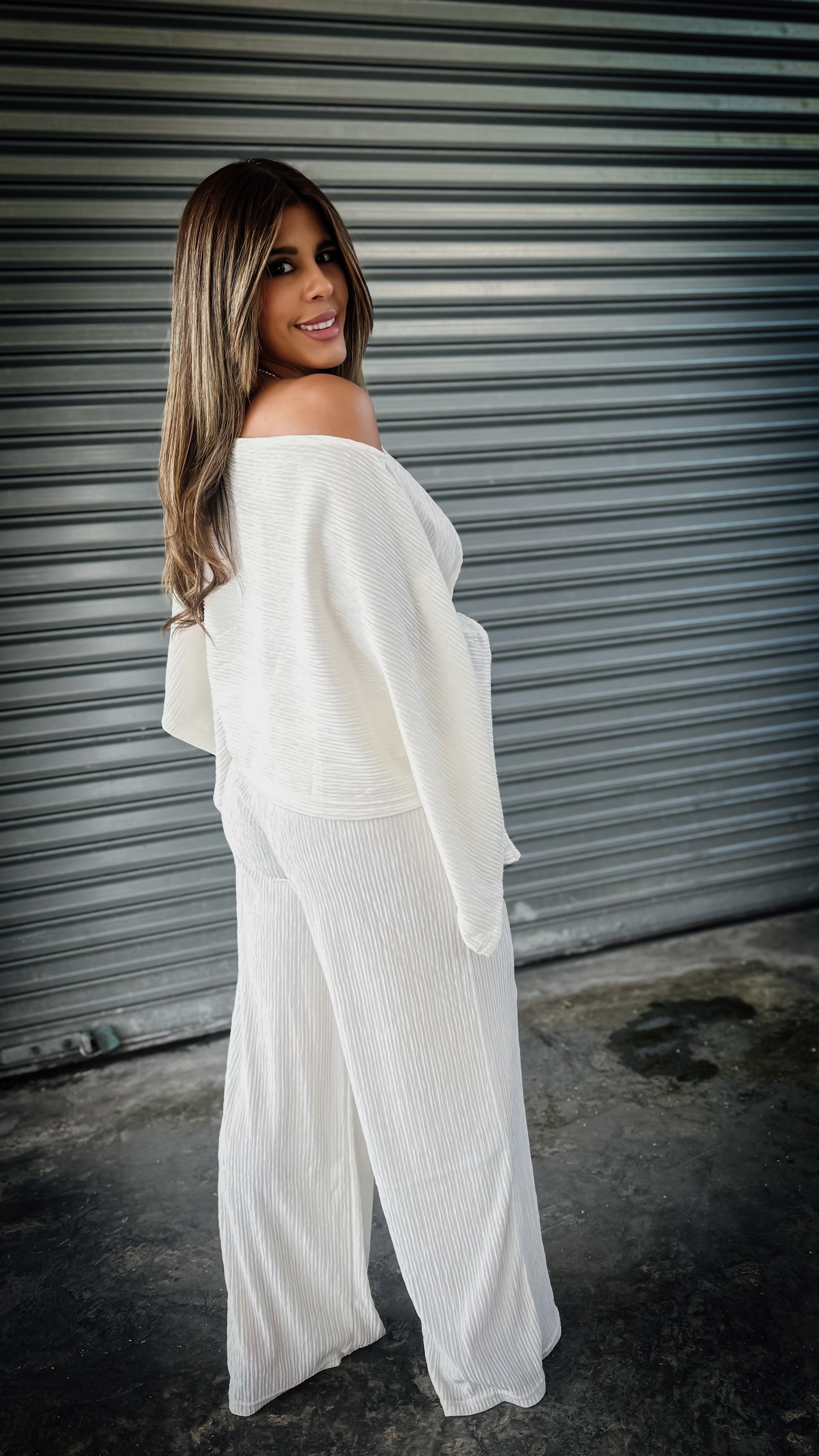 “LINA” KIMONO TOP AND WIDE LEG PANT SET IVORY