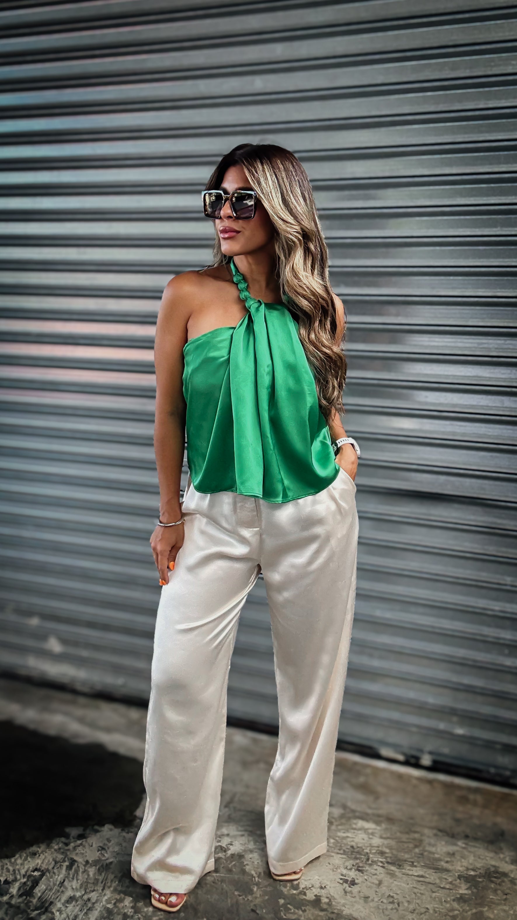 “SARAH” SATIN HIGH WAIST WIDE LEG PANTS