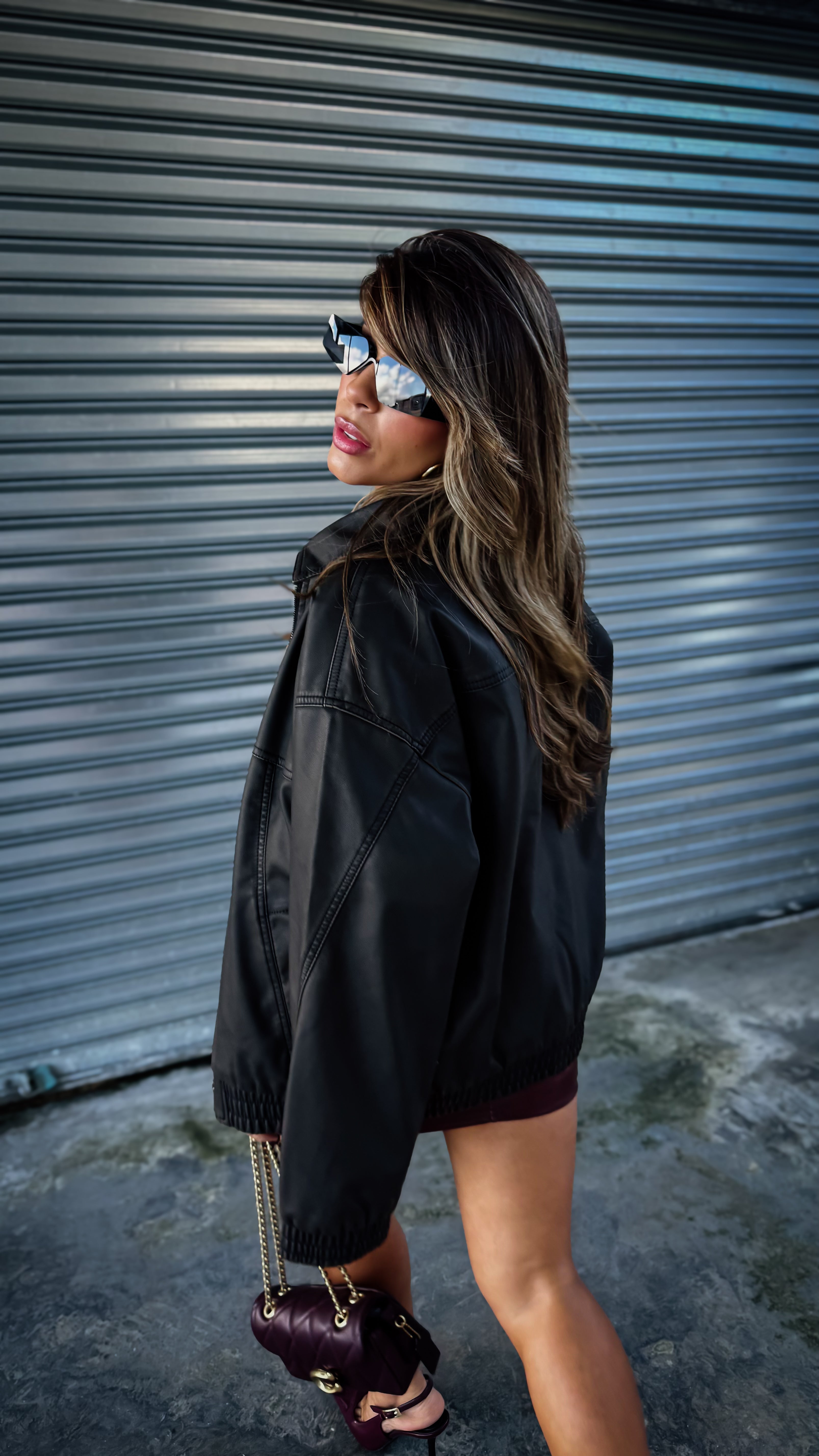 “GIO” BOXY FAUX LEATHER BOMBER JACKET