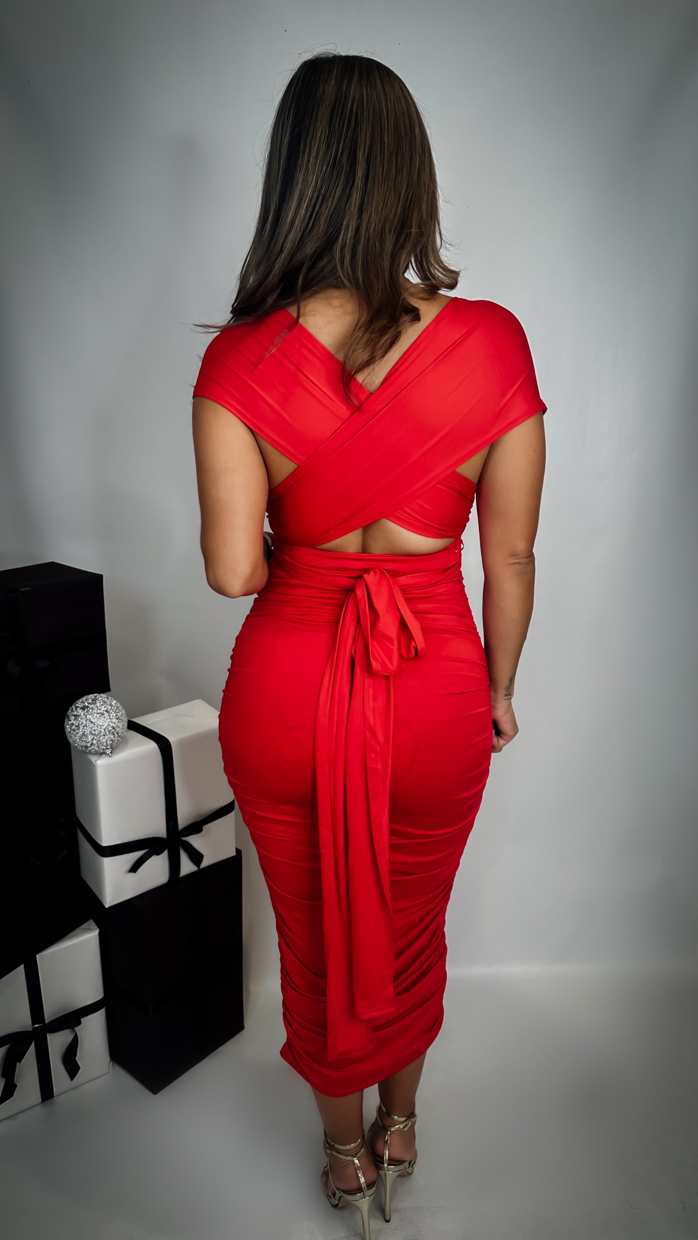 “JIMENA” MULTI WAY RUCHED BODYCON DRESS RED