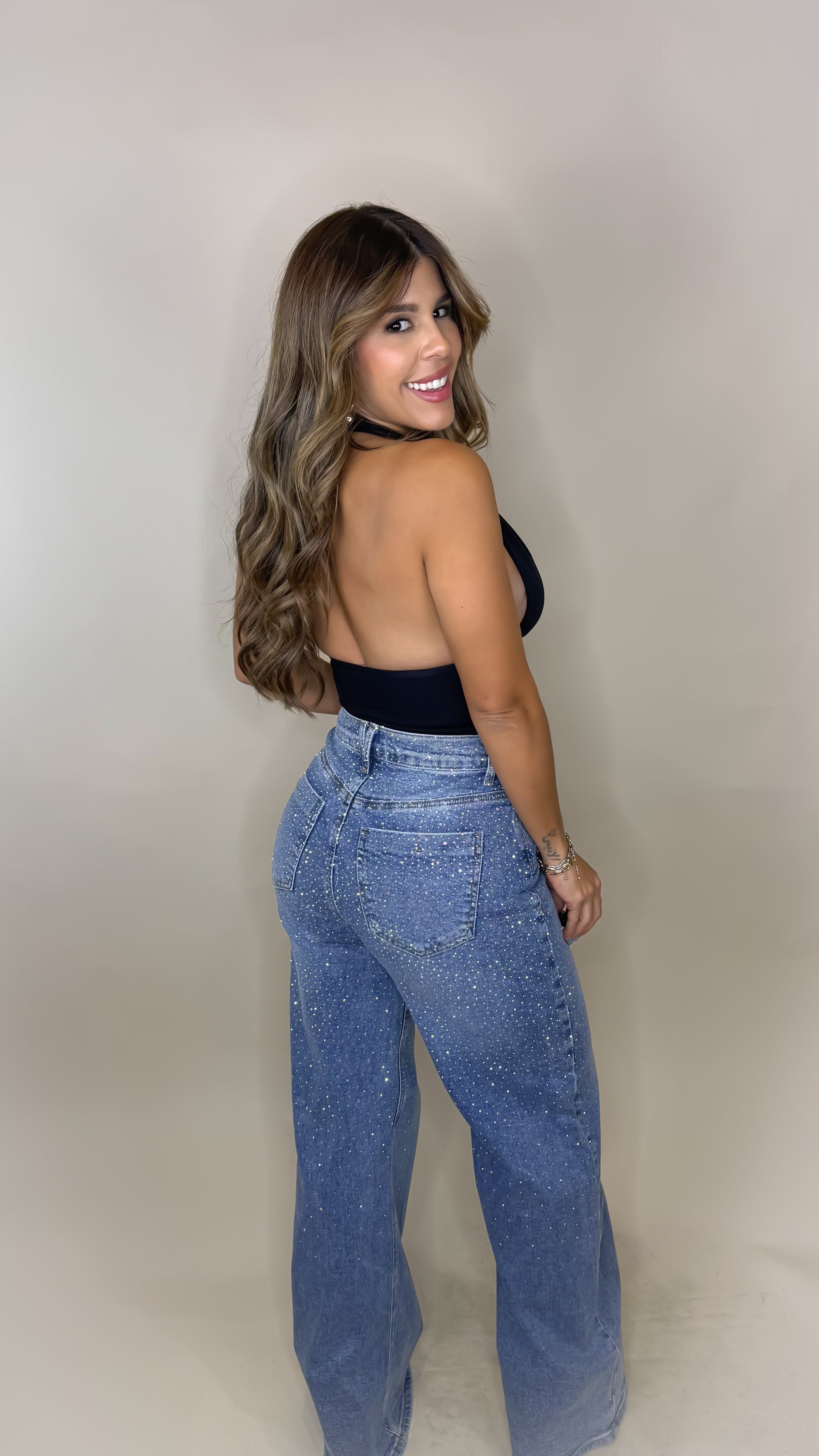 “IRENE” RHINESTONE DETAIL VIBRANT WIDE LEG DENIM