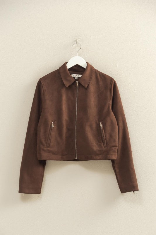 “HONEY” COLLARED SUEDE ZIP UP JACKET