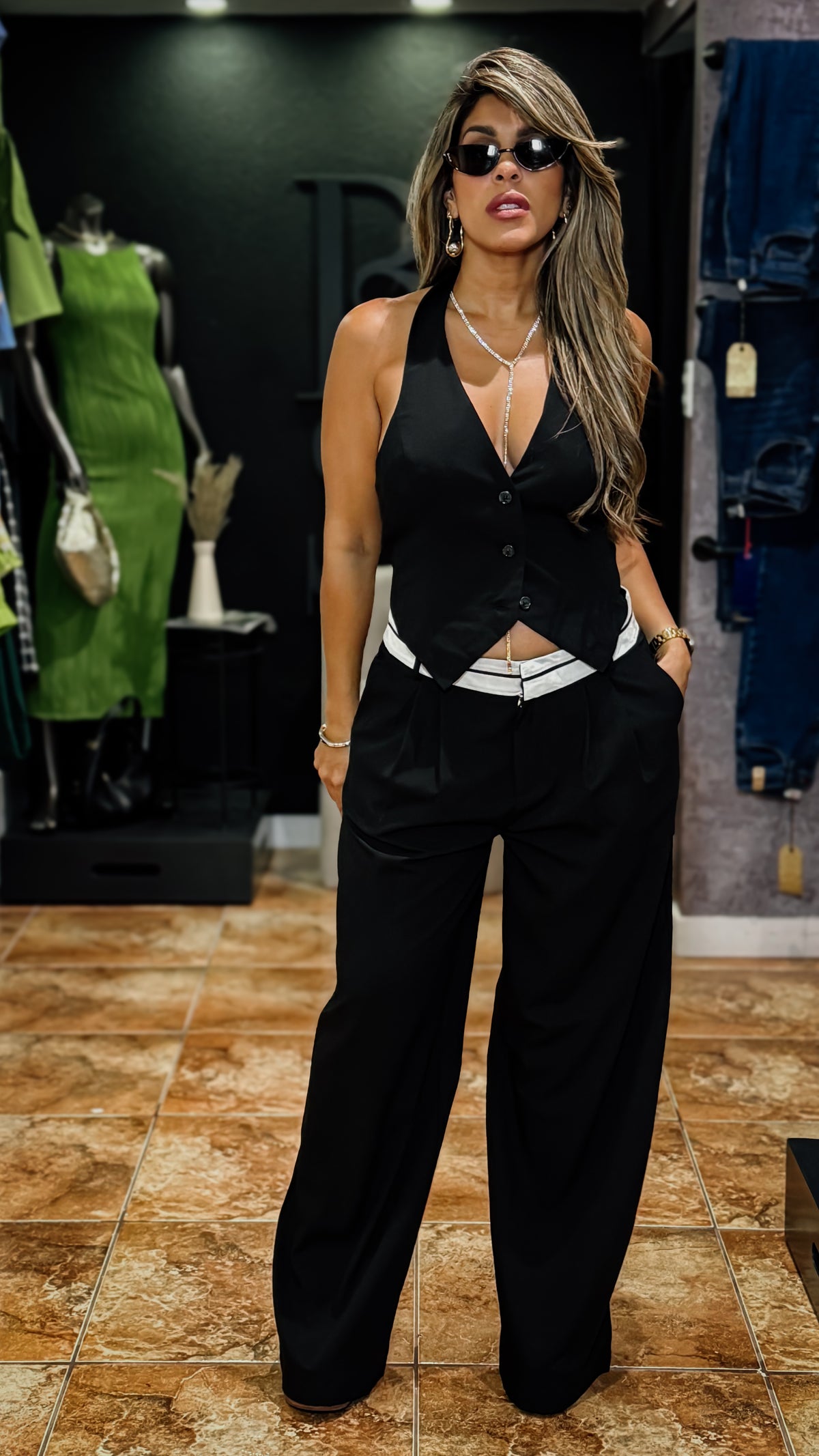 “BECKY” BUTTON DOWN HALTER VEST AND TROUSER SET