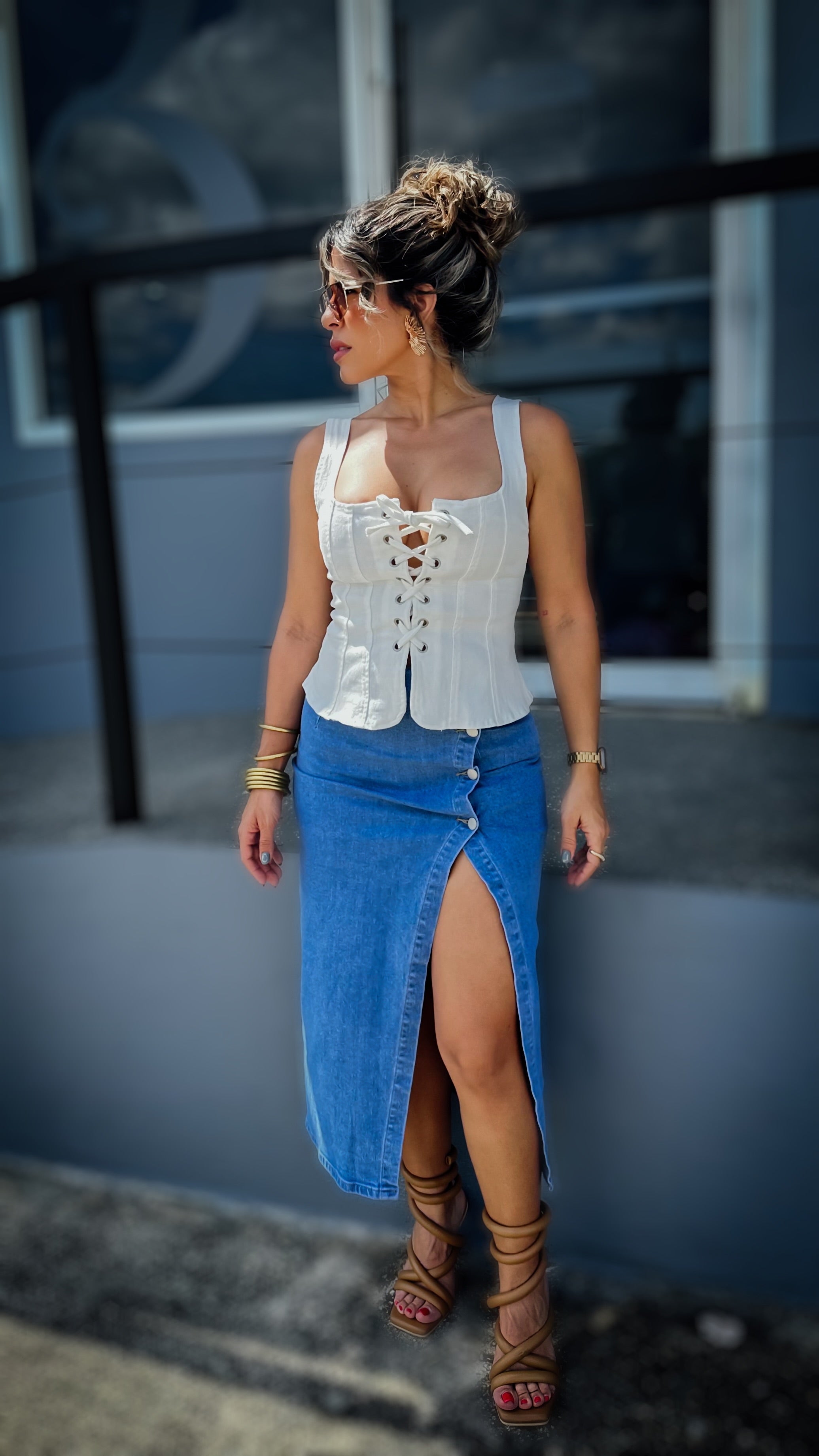 “SIA” BUTTONED DENIM MIDI SKIRT