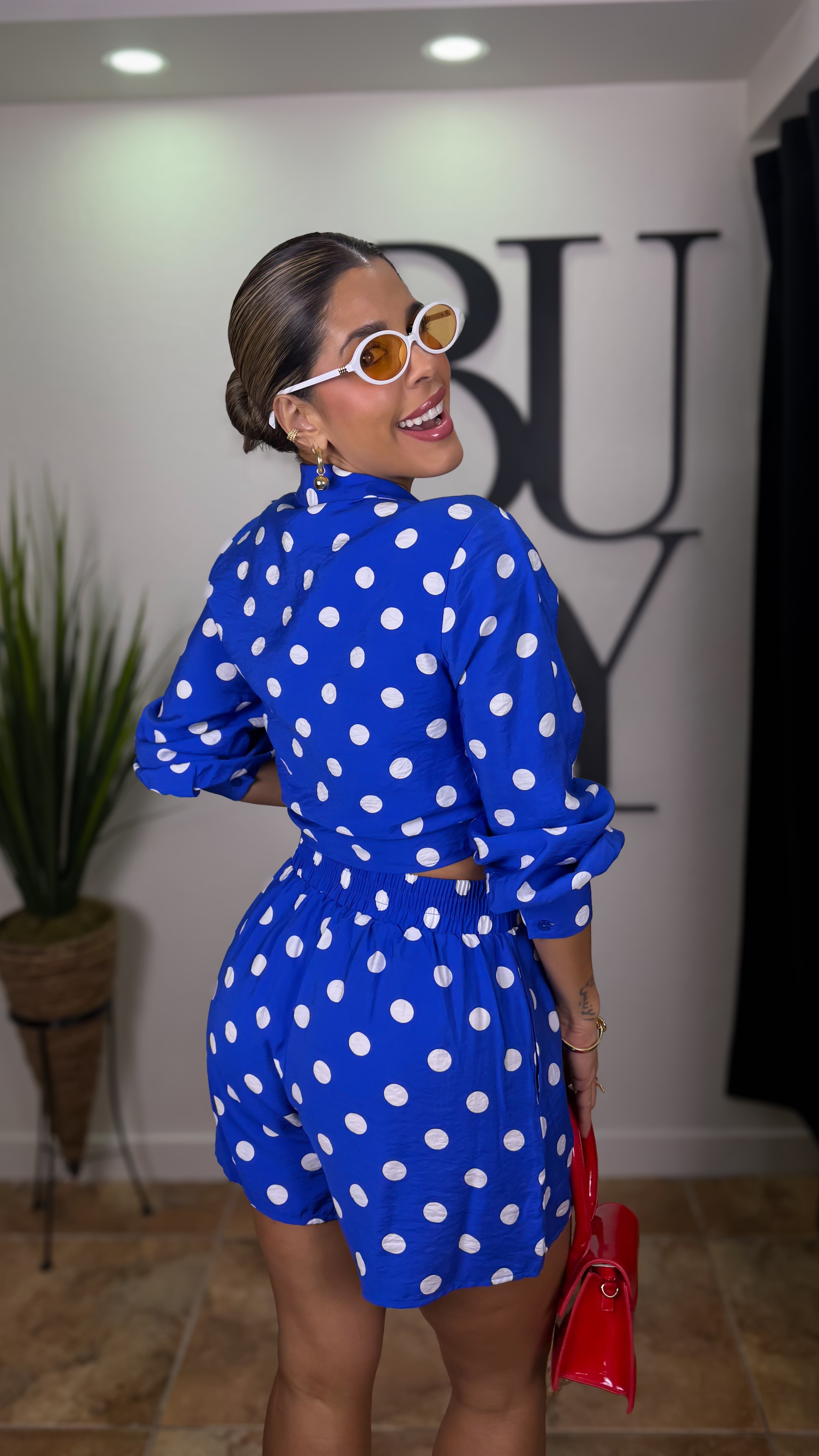 “PAMELA” POLKA DOT FRONT TIE TOP AND SHORT SET BLUE