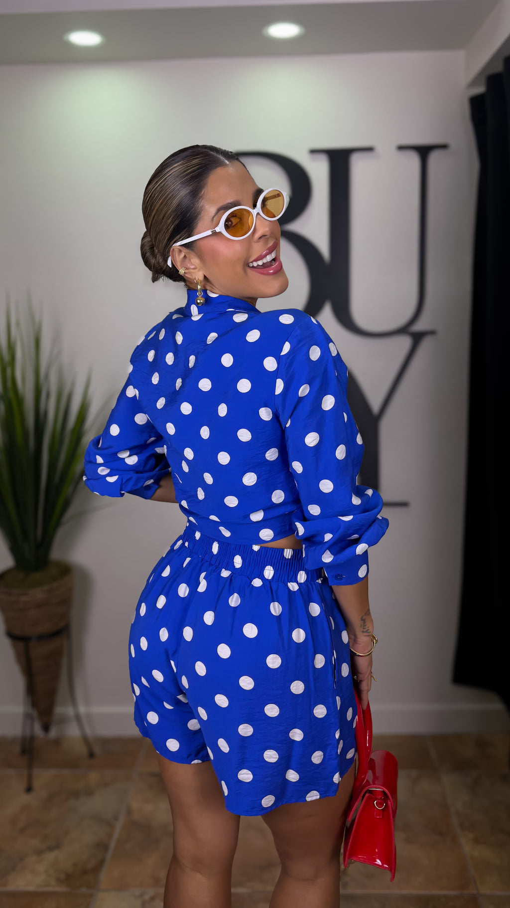 “PAMELA” POLKA DOT FRONT TIE TOP AND SHORT SET BLUE