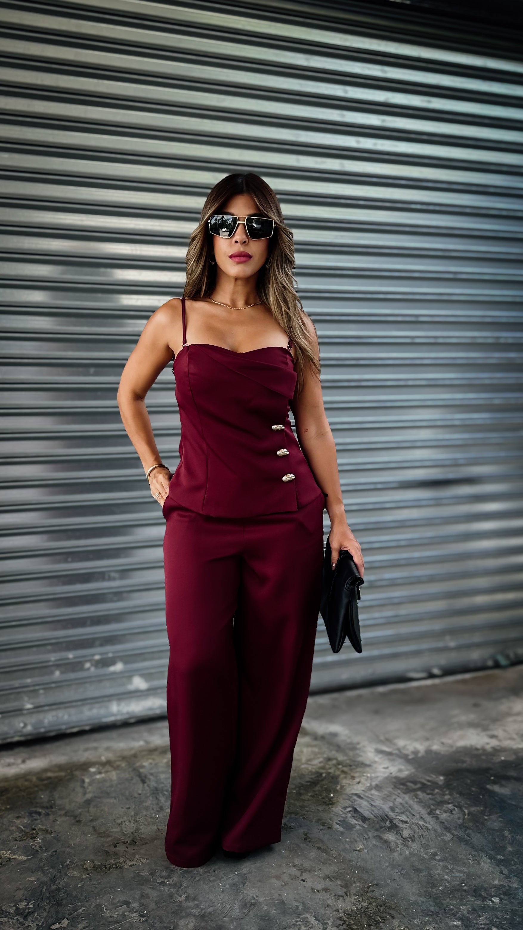 “AMELIA” VEST TOP AND WIDE LEG PANT SET WINE