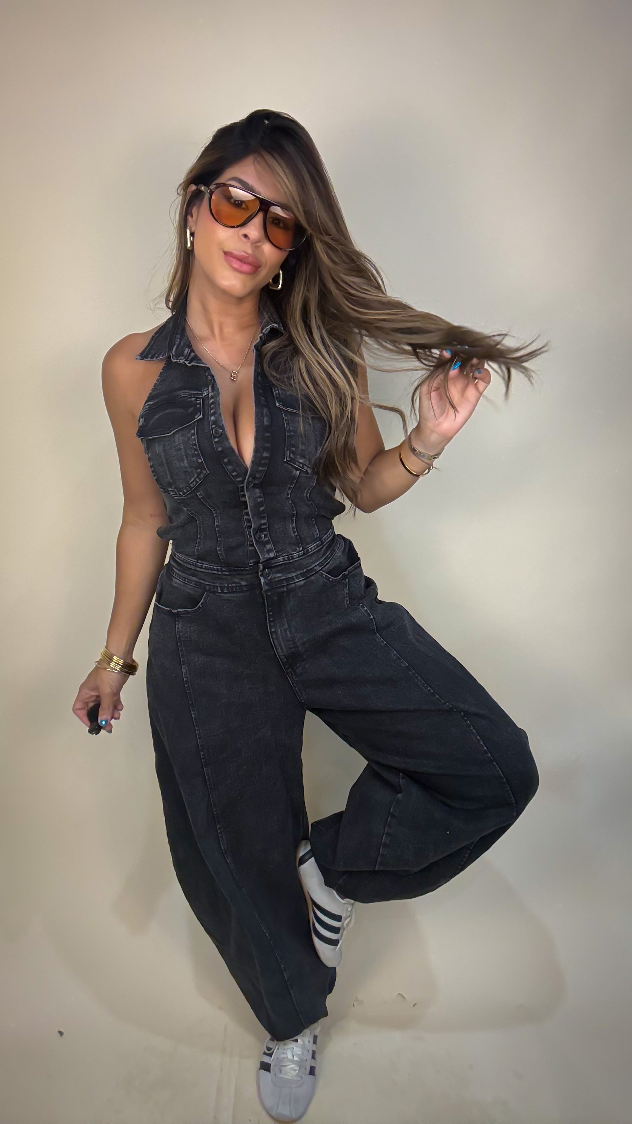 “CELINE” DENIM HAREM HALTER JUMPSUIT