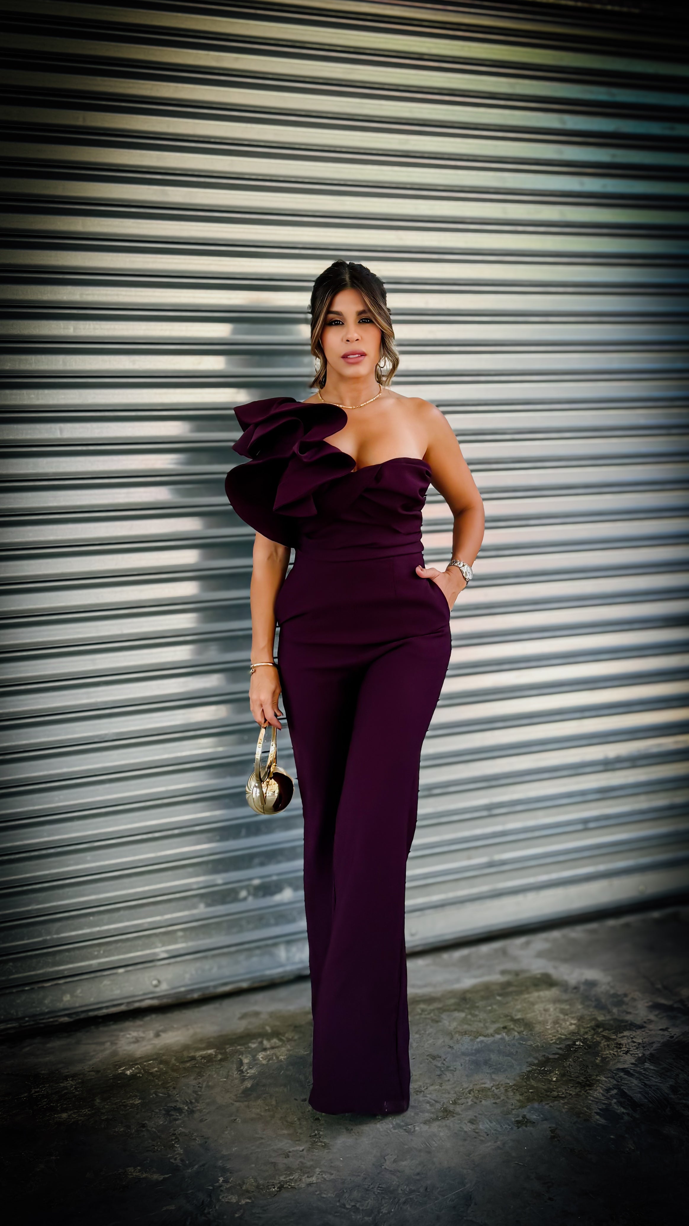 “ELENA” ONE SHOULDER RUFFLE DETAIL SLEEVE JUMPSUIT