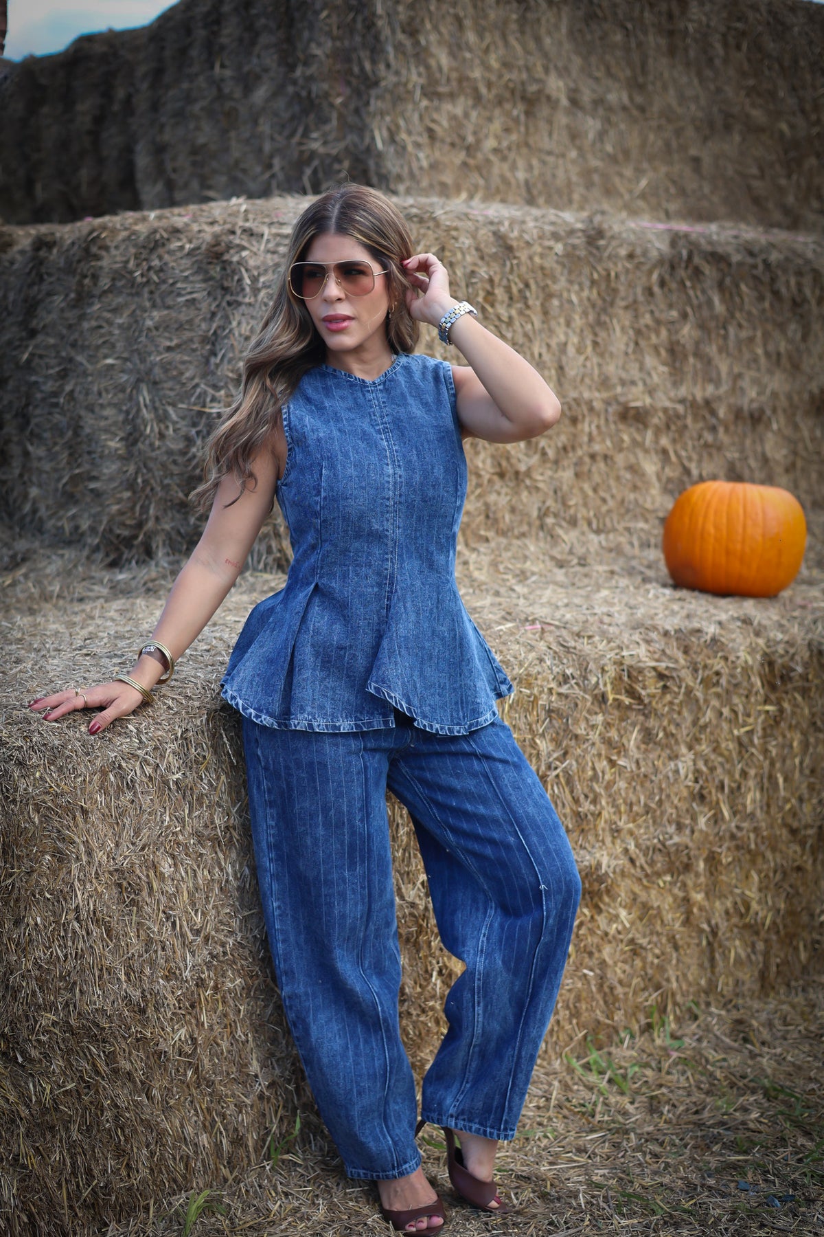 “ZURI” STRIPED DENIM PEPLUM TOP AND BARREL PANTS