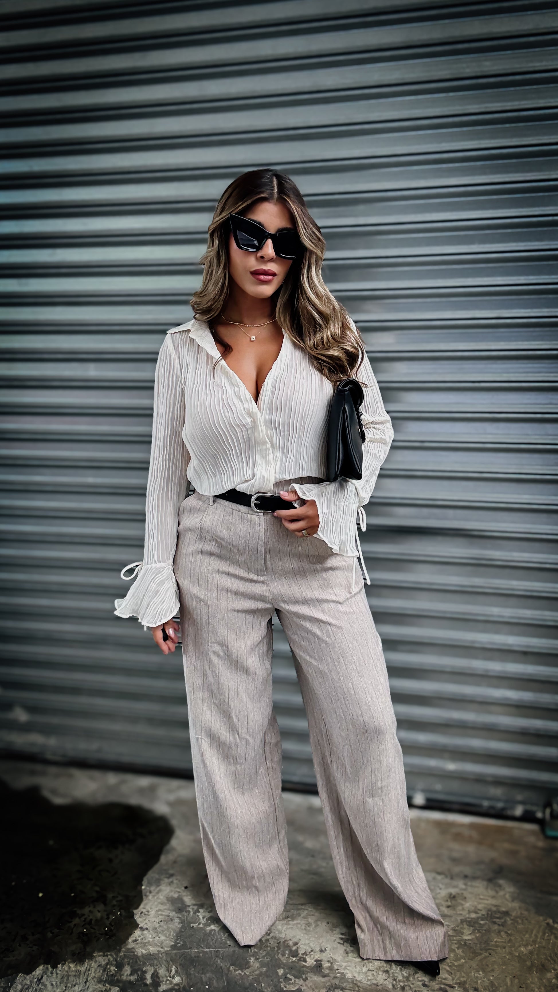 “KATE” BELTED PIN STRIPE TROUSER