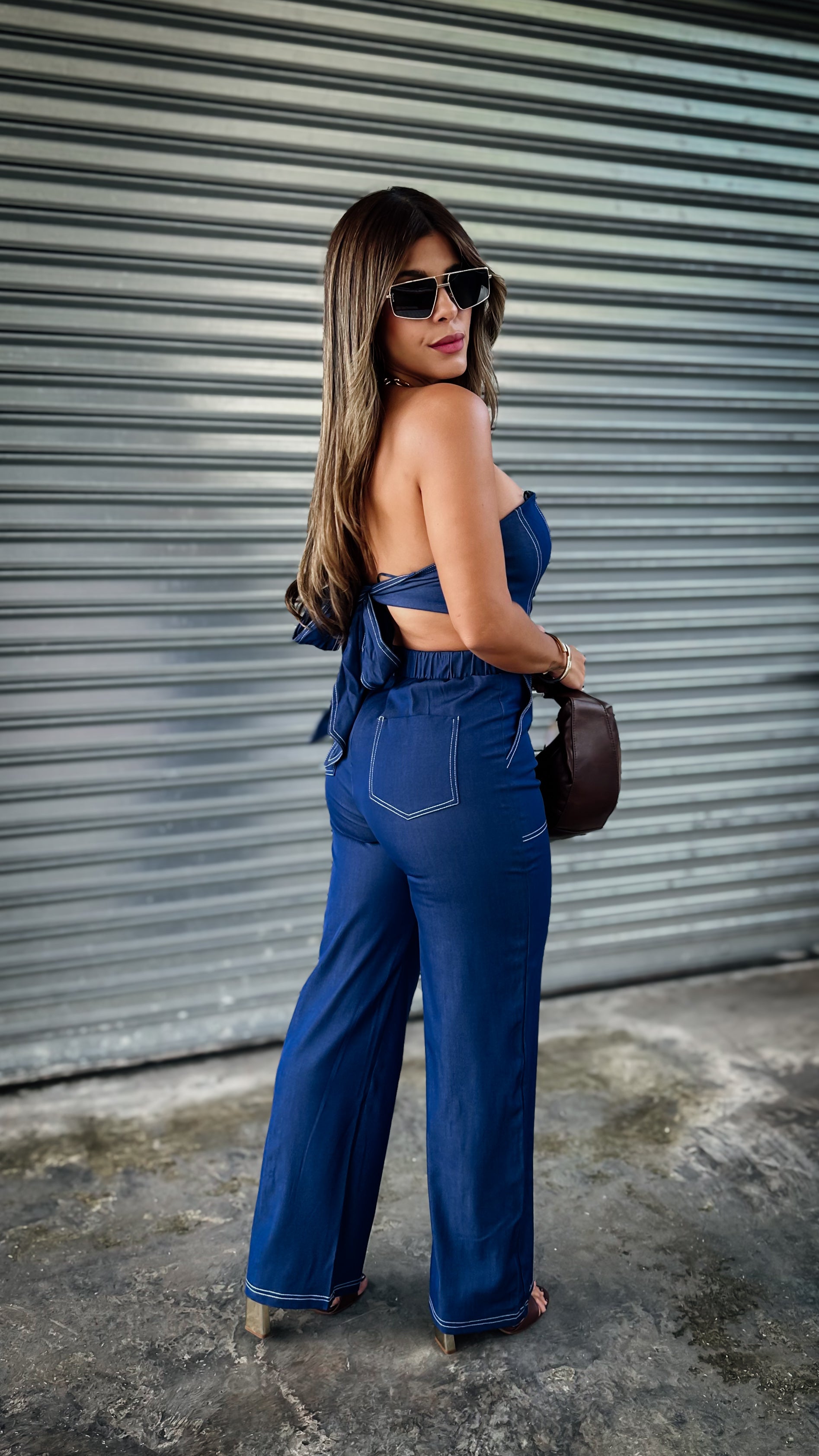 “ERIN” STRAPLESS DENIM JUMPSUIT