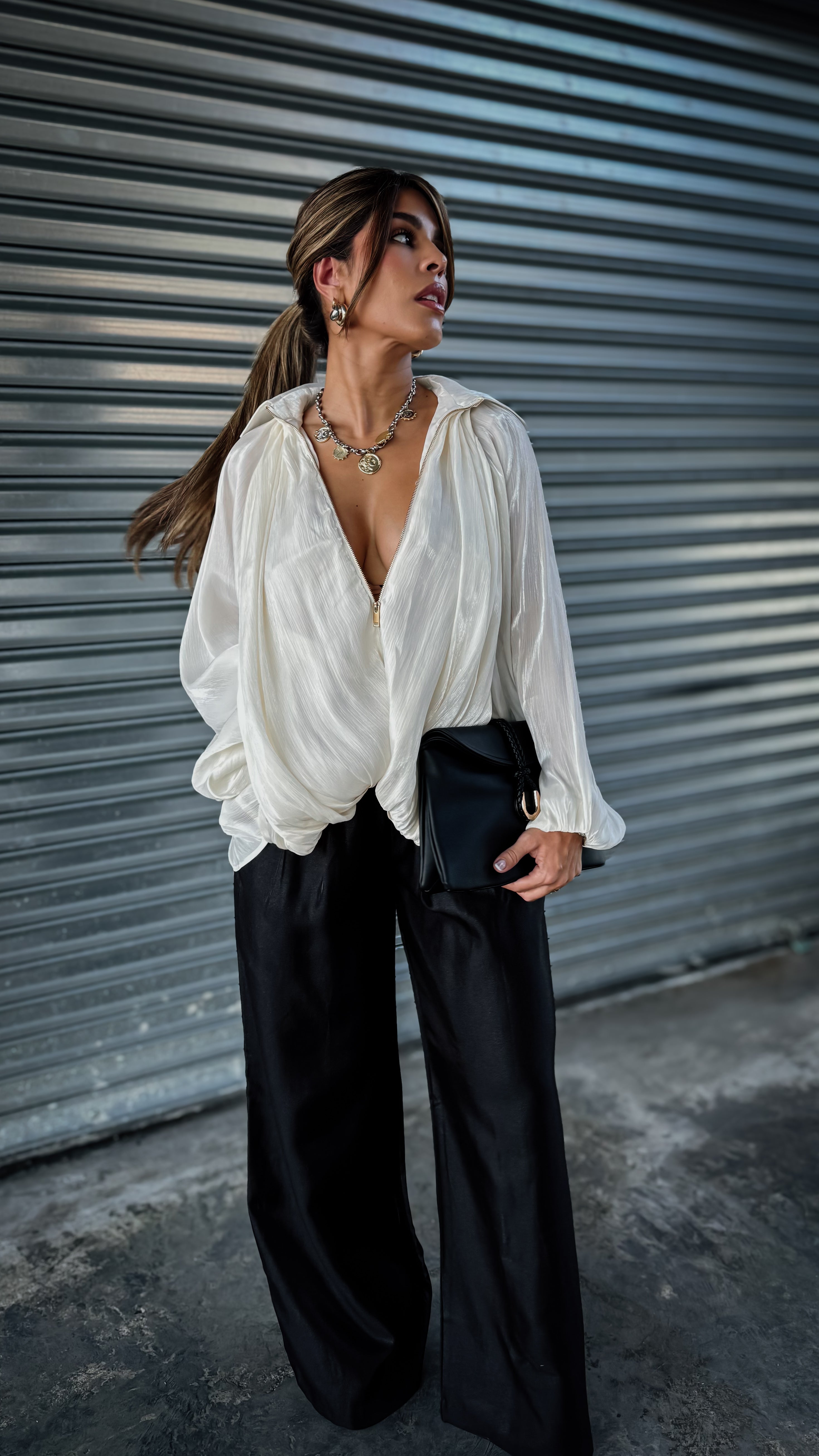 “ATALIA” SATIN FINISH WITH LEG HIGH-WAISTED PANTS