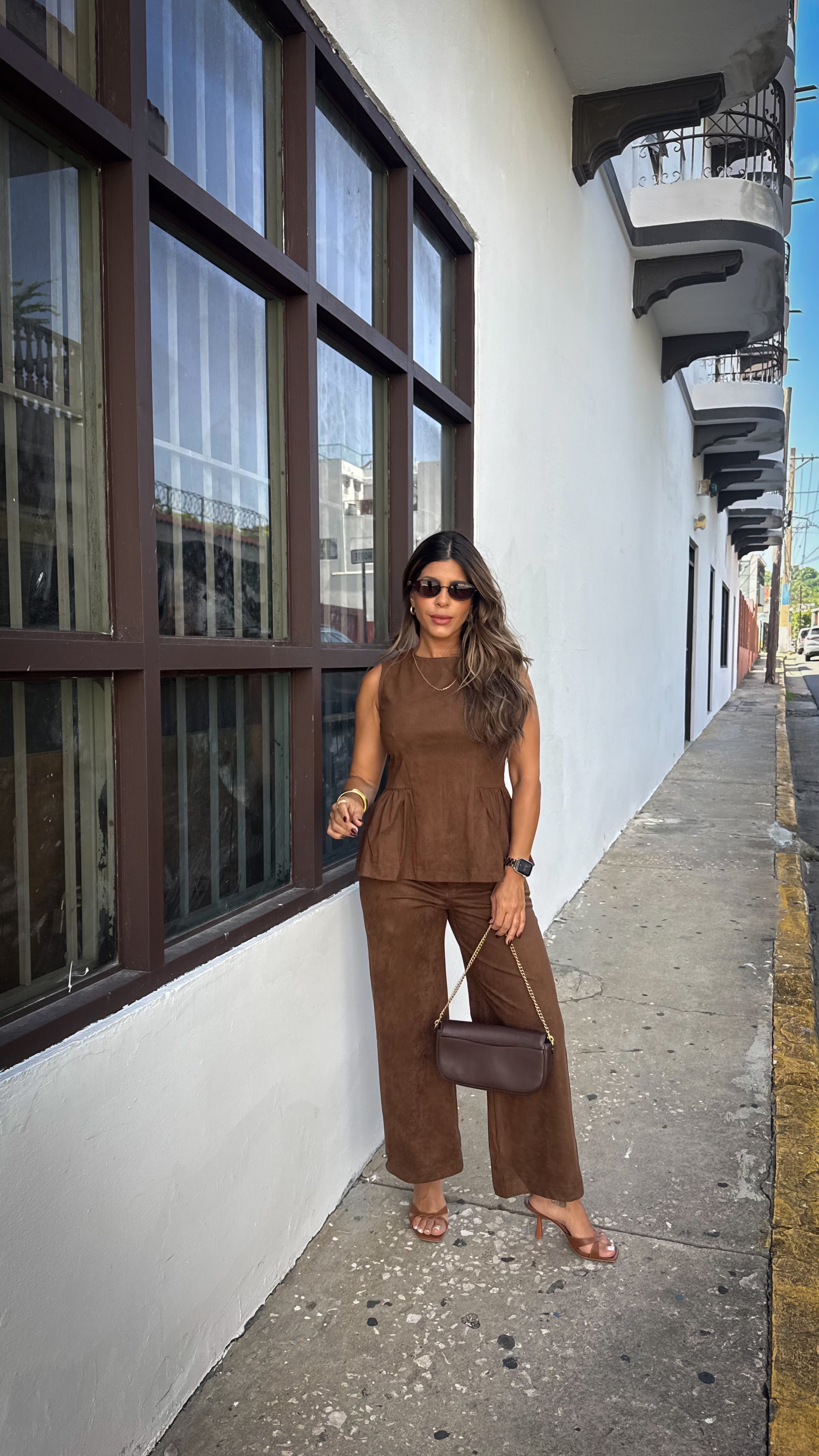 “VIVIANNE” FAUX SUEDE HIGH WAIST CROPPED PANTS AND SLEEVELESS PEPLUM TOP SET