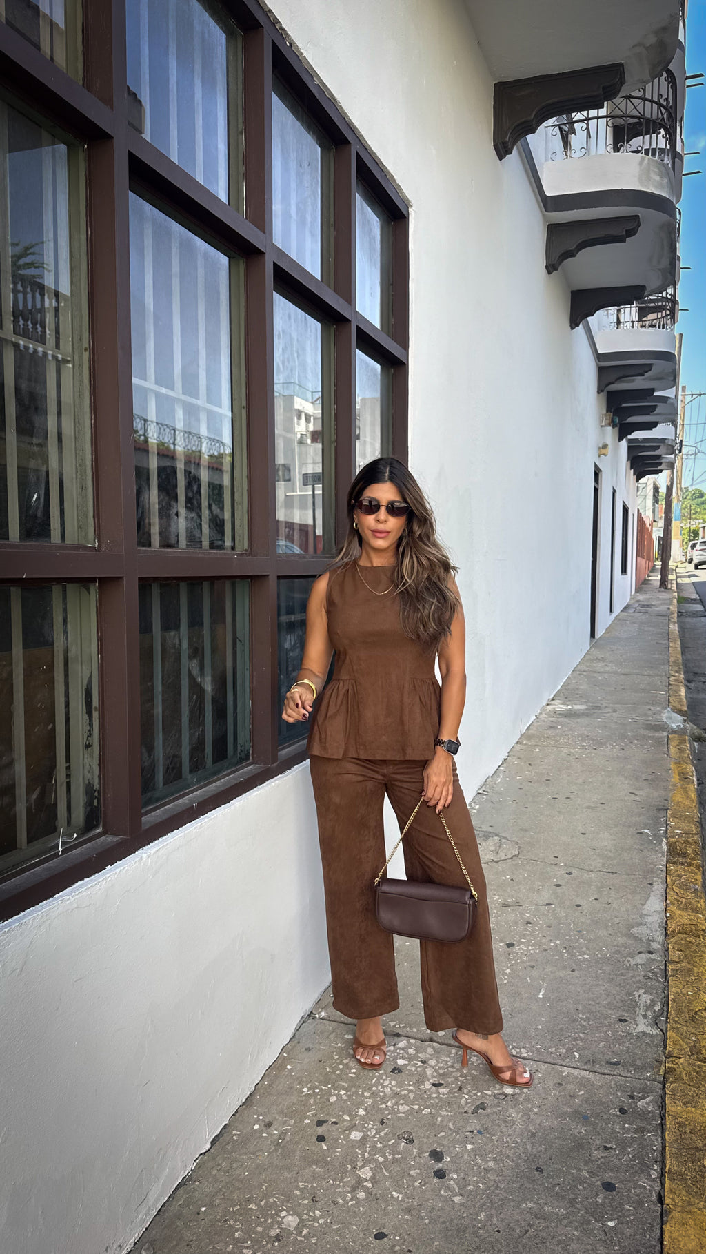 “VIVIANNE” FAUX SUEDE HIGH WAIST CROPPED PANTS AND SLEEVELESS PEPLUM TOP SET
