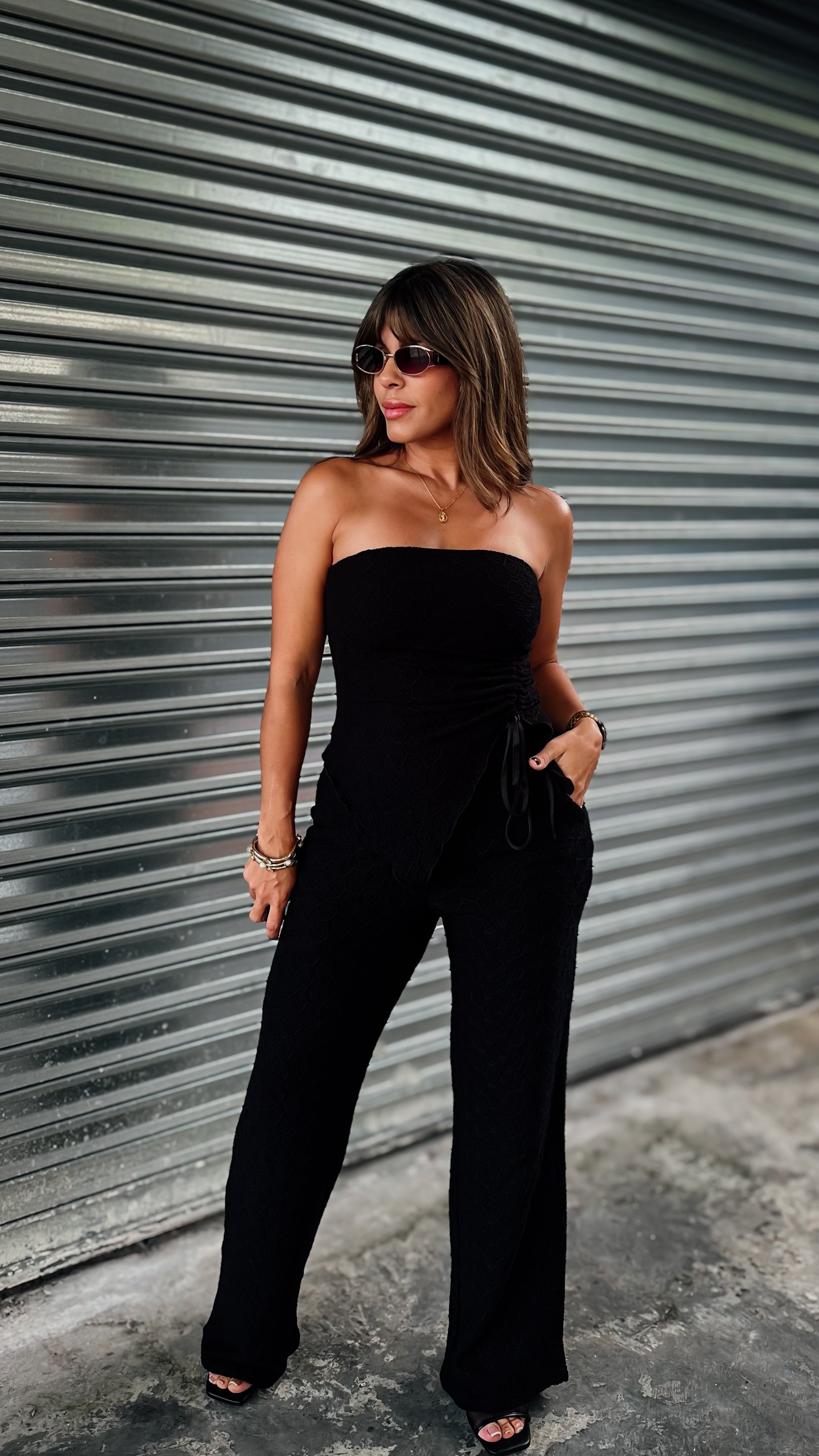 "ECLIPSE" STRAPLESS TEXTURED TUBE TOP AND WIDE LEG PANT SET