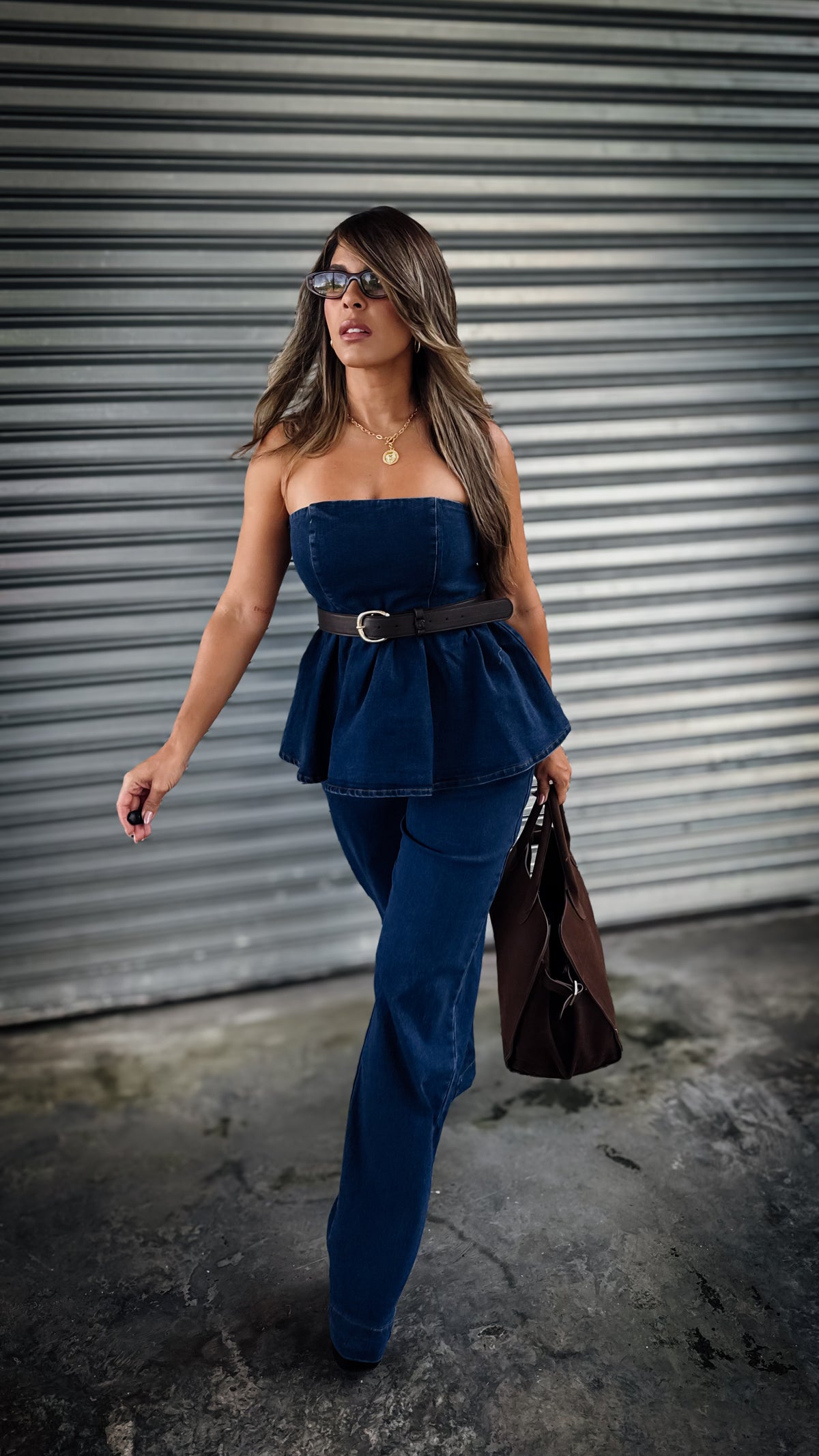“SOFIA” STRAPLESS PEPLUM DENIM TOP AND PANT SET