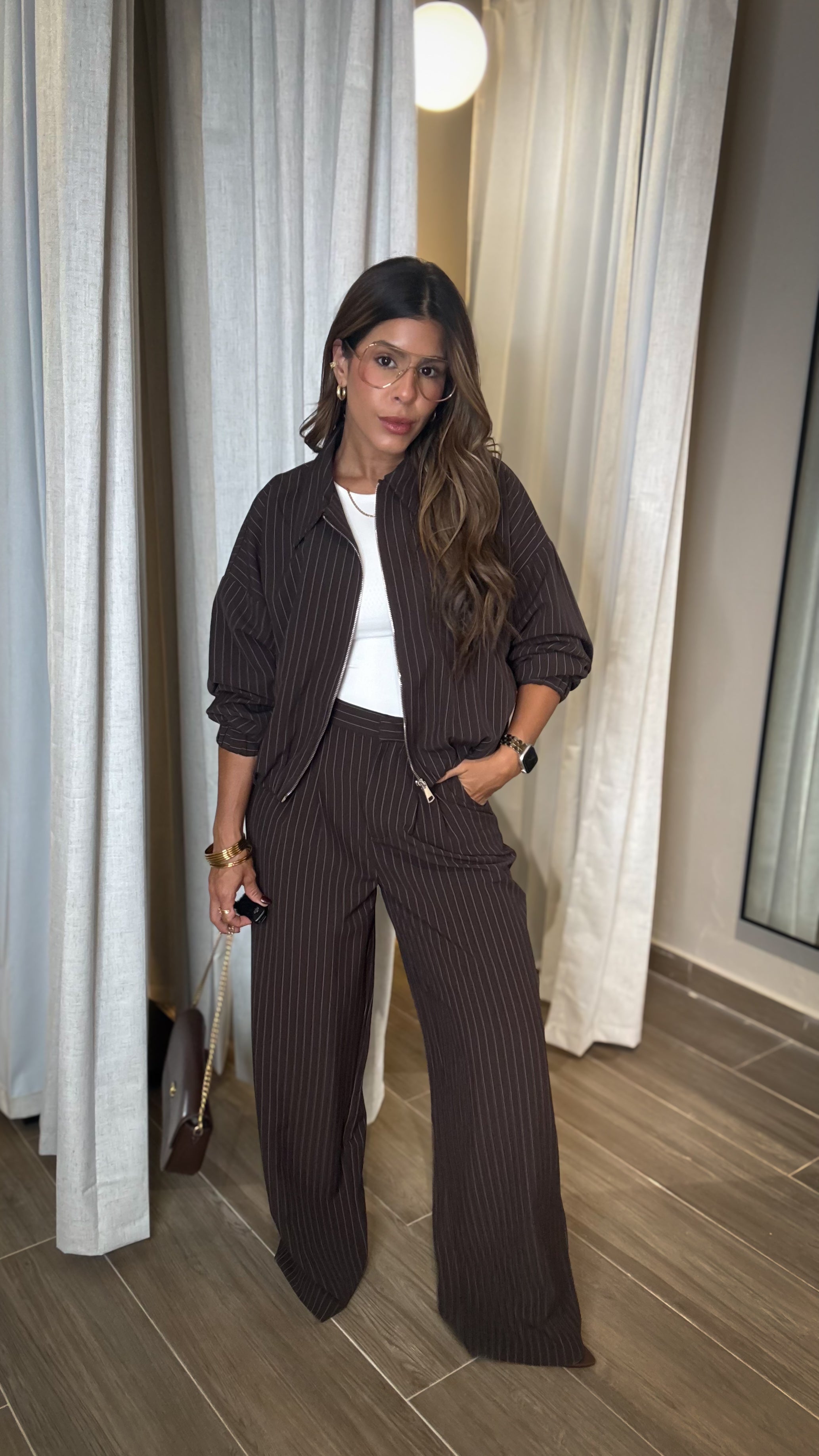 “FATIMA” PINSTRIPE BOMBER JACKET AND WIDE LEG PANT SET