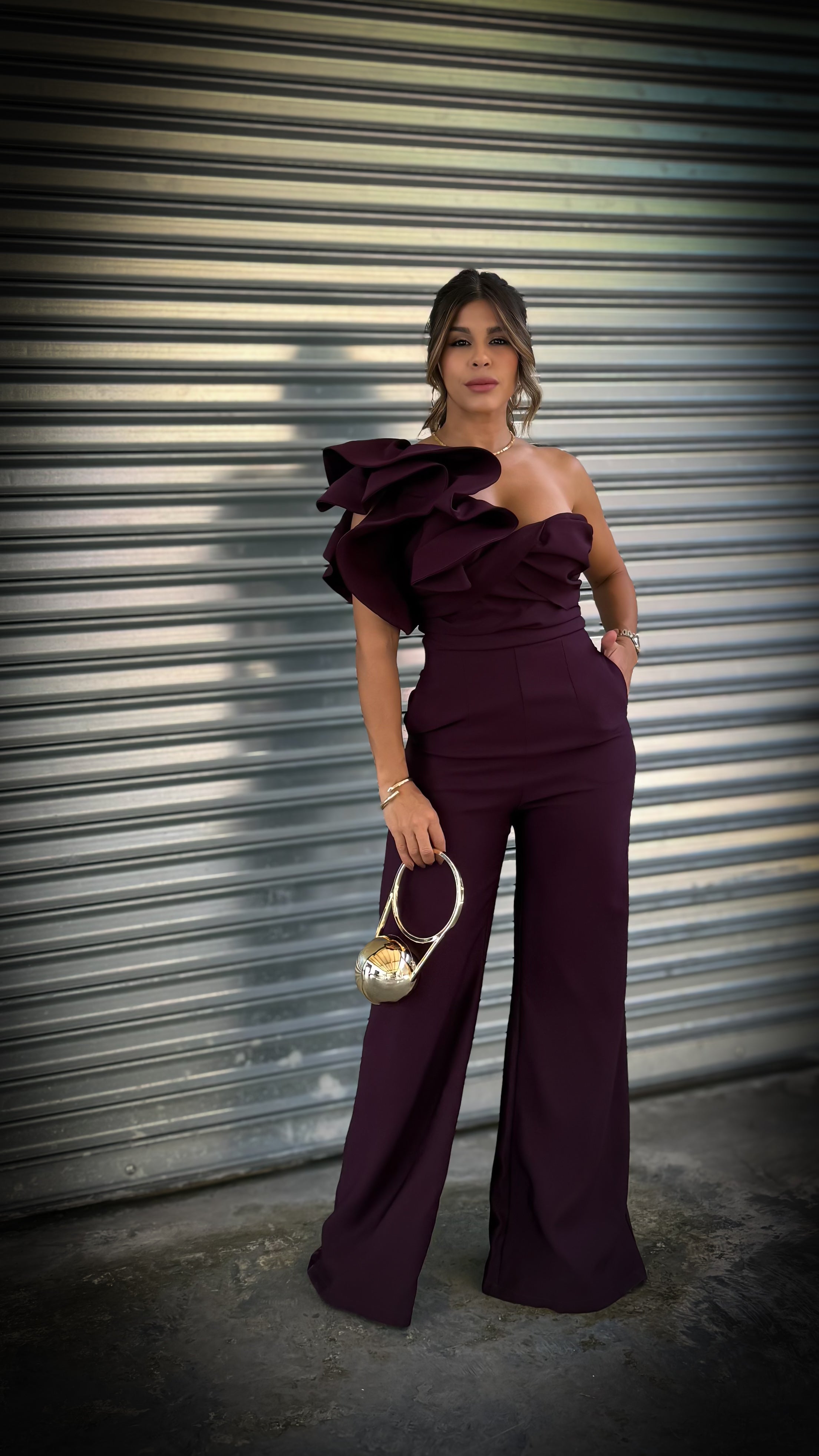 “ELENA” ONE SHOULDER RUFFLE DETAIL SLEEVE JUMPSUIT