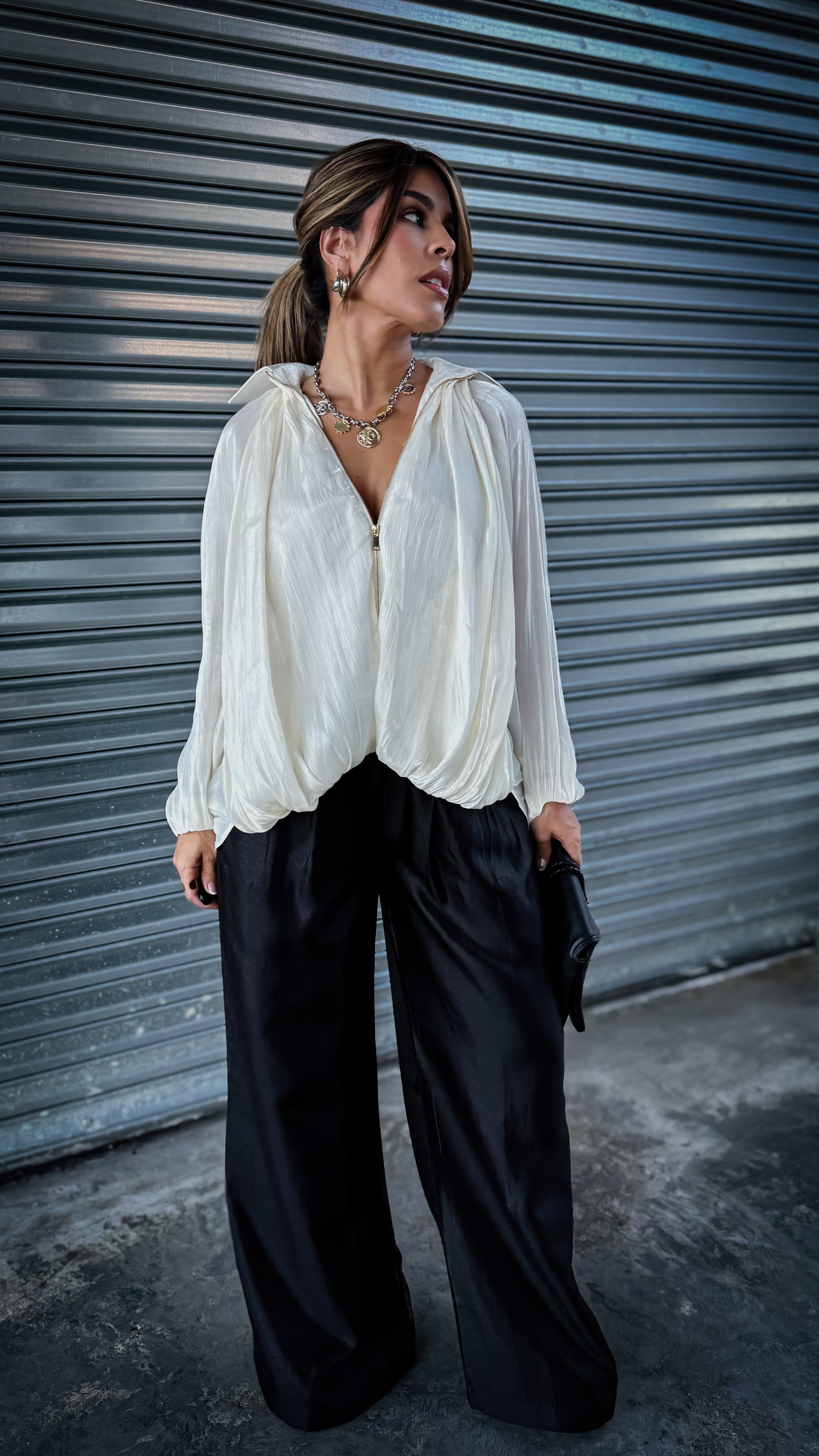 “ATALIA” SATIN FINISH WITH LEG HIGH-WAISTED PANTS