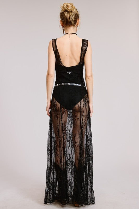 “LEAH” VNECK BODYSUIT WITH SHEER LACE MAXI DRESS