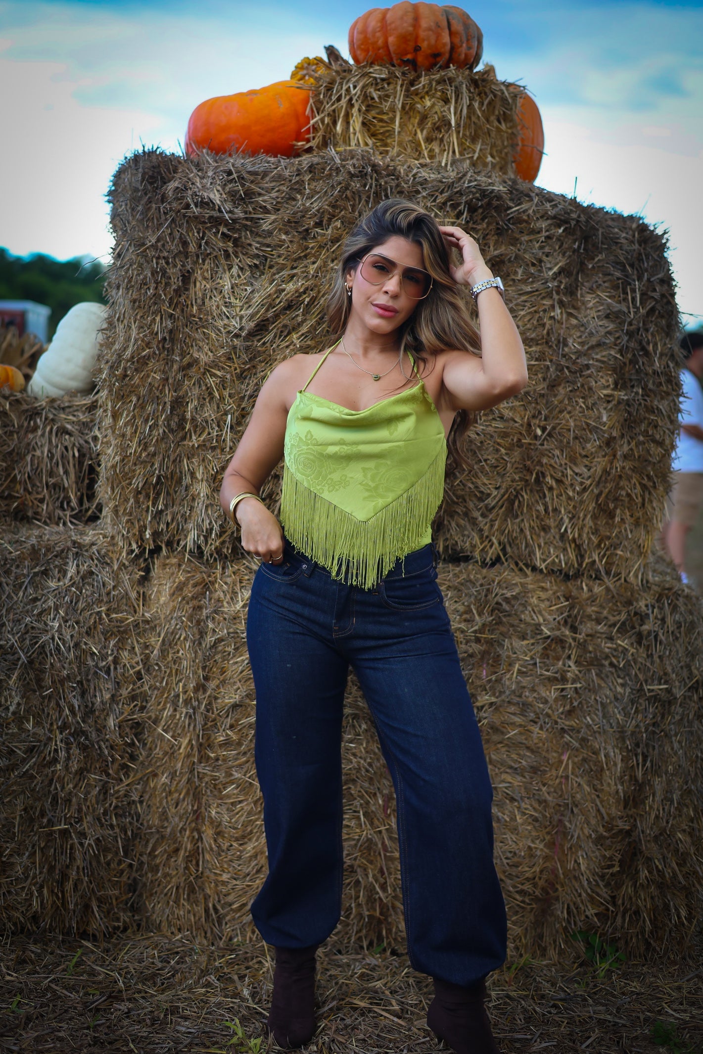 “MILAH” JACQUARD SATIN COWL NECK FRINGE TOP