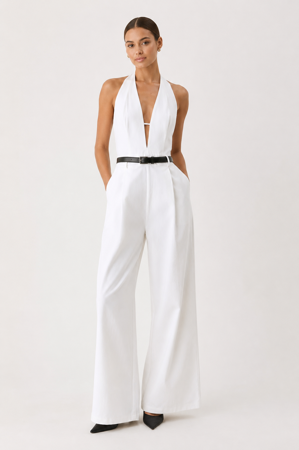 “AURA” SOLID HALTER DENIM JUMPSUIT