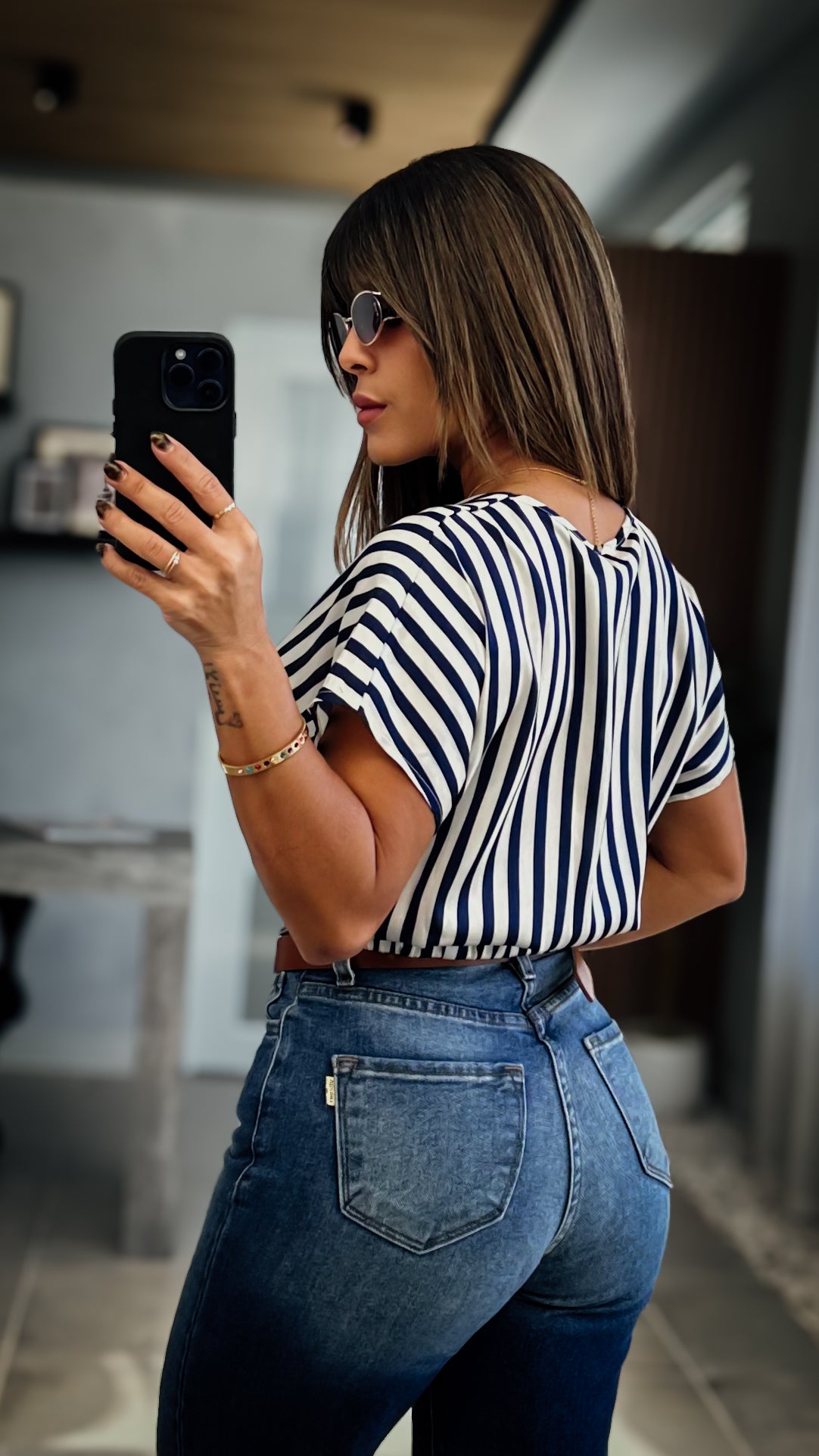 “TAMMY” STRIPED NAVY CROPPED BLOUSE