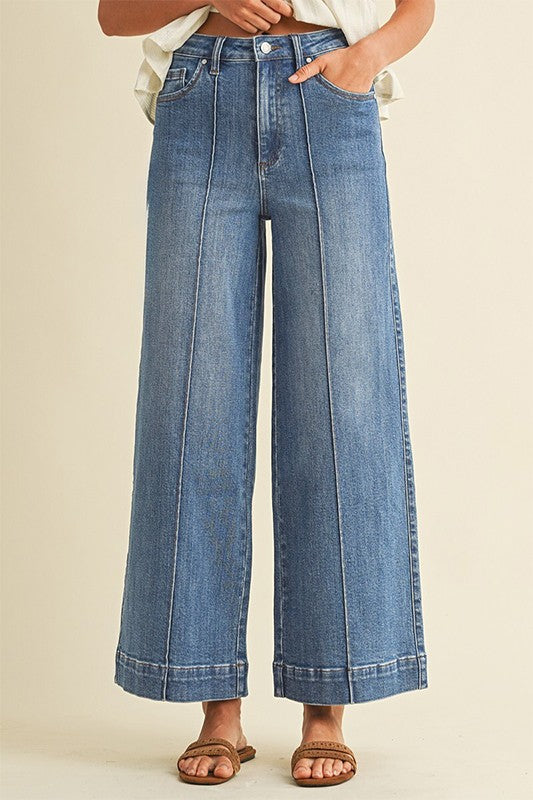 “MEGAN” STRETCH HIGH RISE WIDE LEG CROPPED DENIM