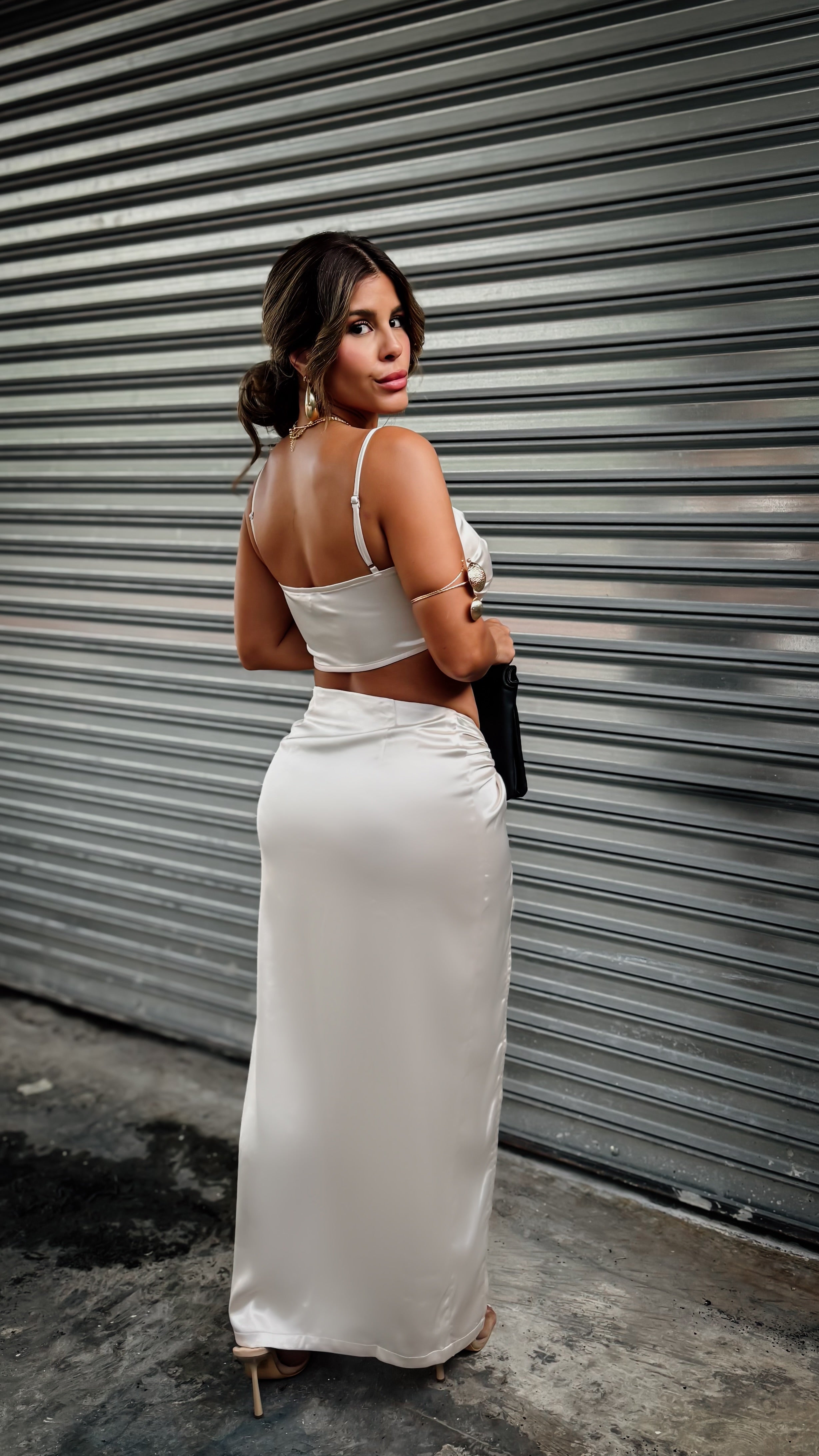 “MILAN” SATIN TWIST BRA TOP AND SKIRT SET